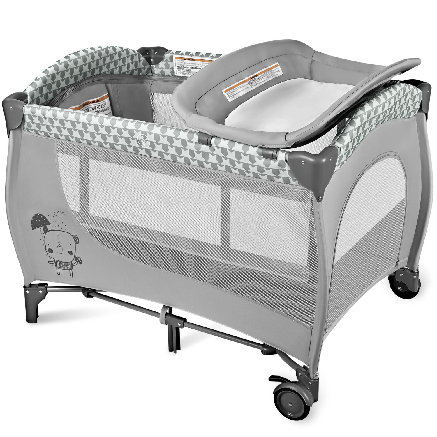 Foldable Baby Playard with Changing Table and Bassinet, Portable Crib Travel Infant Playpen with Zipper Gate, Grey