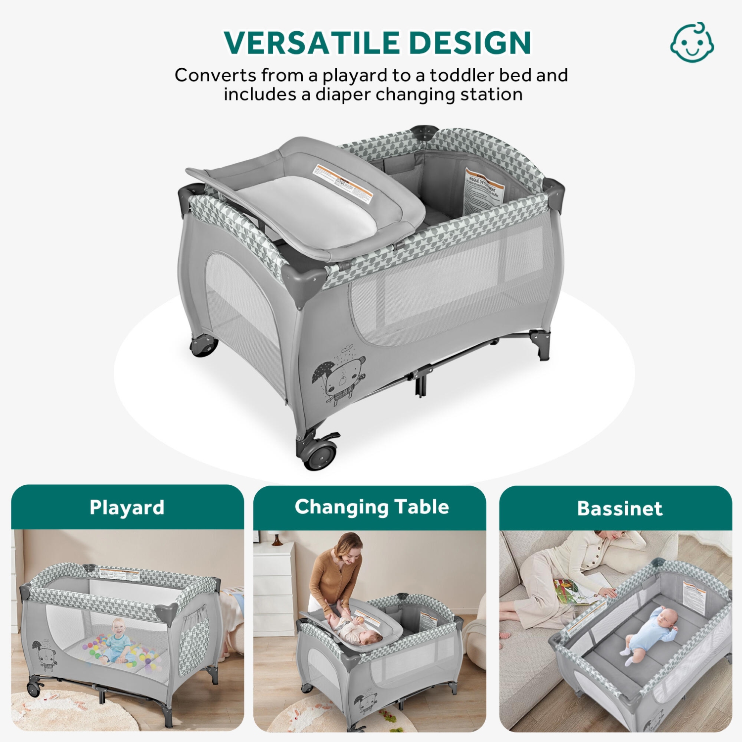 Parc pliable pour bébé avec berceau et table à langer, parc portatif de voyage pour bébé avec barrière à fermeture à glissière, gris