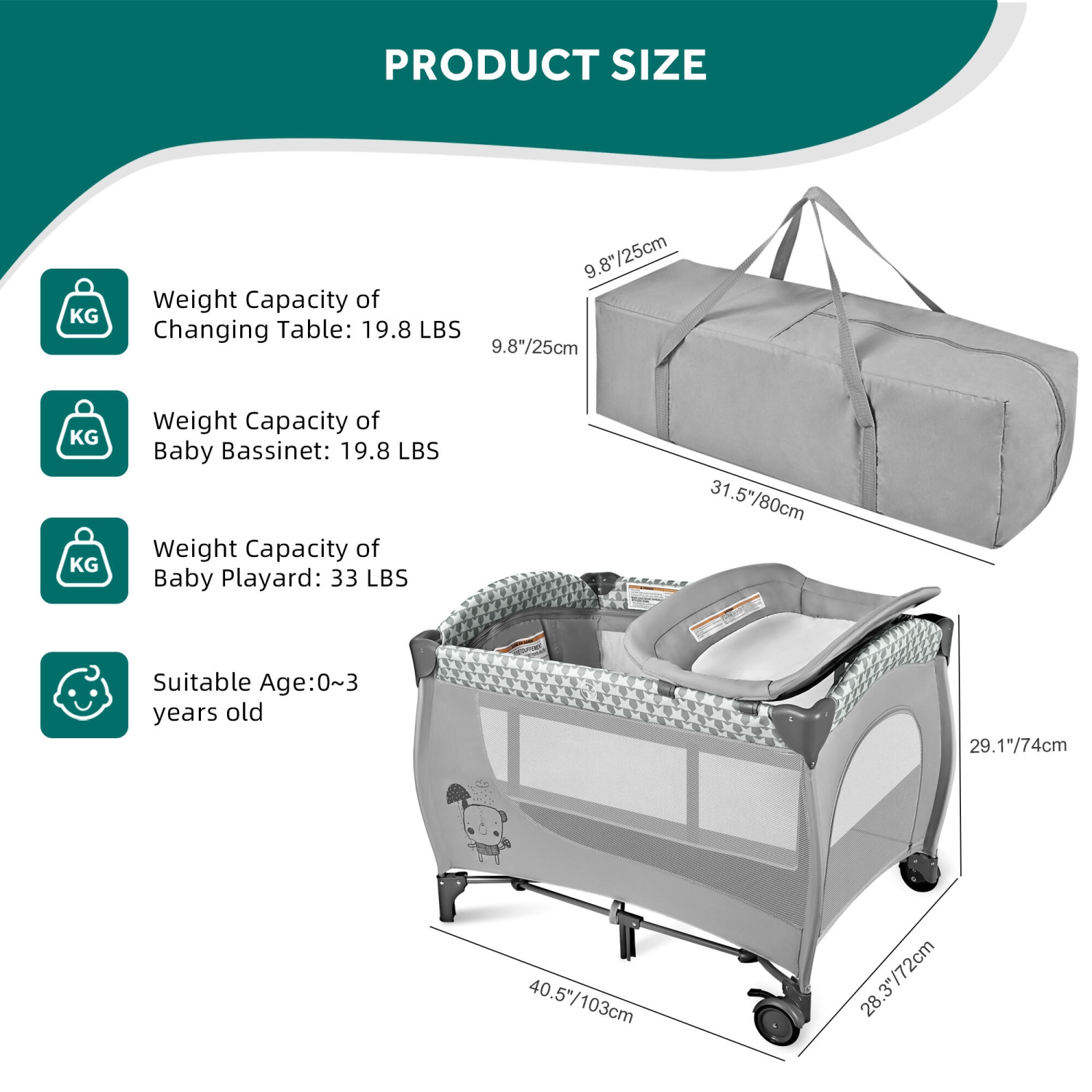 Parc pliable pour bébé avec berceau et table à langer, parc portatif de voyage pour bébé avec barrière à fermeture à glissière, gris