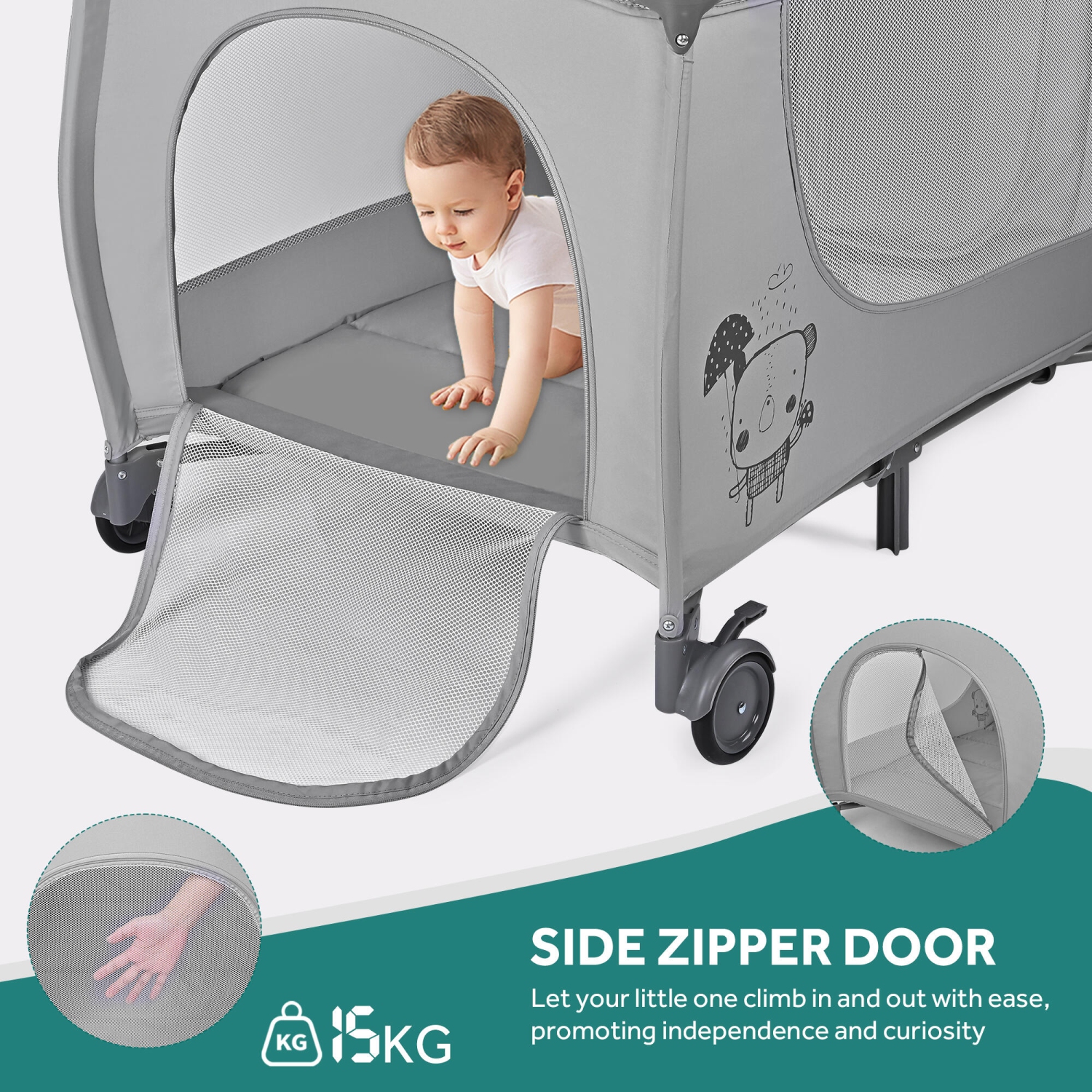 Parc pliable pour bébé avec berceau et table à langer, parc portatif de voyage pour bébé avec barrière à fermeture à glissière, gris