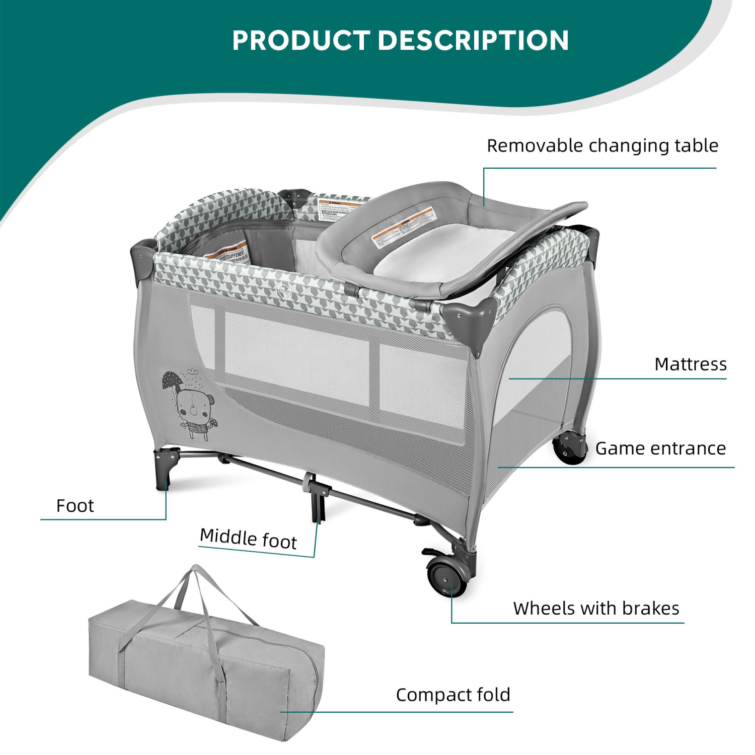 Parc pliable pour bébé avec berceau et table à langer, parc portatif de voyage pour bébé avec barrière à fermeture à glissière, gris