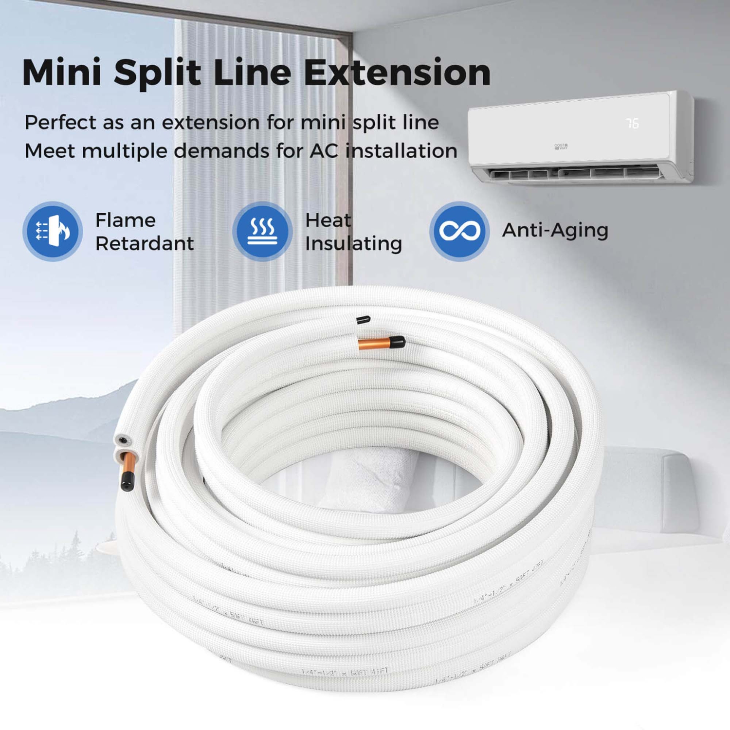 Costway 50 FT Air Conditioning Copper Tubing Hose Extension for Mini Split AC Includes 1/4 inch & 1/2 inch O.D. pipes