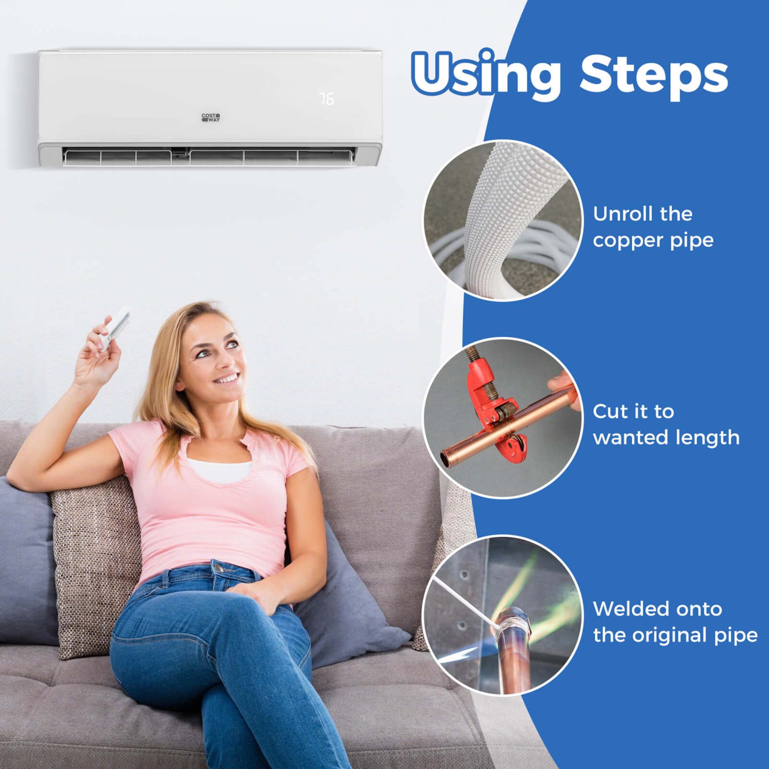 Costway 50 FT Air Conditioning Copper Tubing Hose Extension for Mini Split AC Includes 1/4 inch & 1/2 inch O.D. pipes