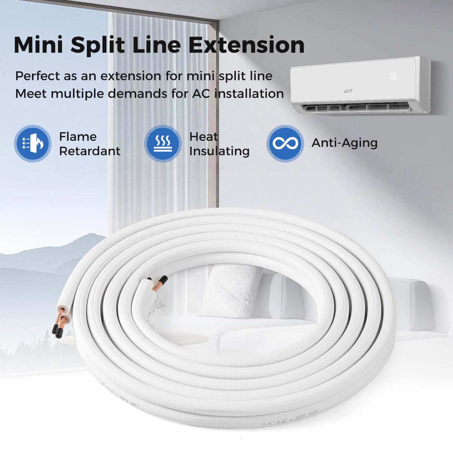 Costway 25 FT Air Conditioning Copper Tubing Hose Extension for Mini Split AC Includes 1/4 inch & 3/8 inch O.D. pipes