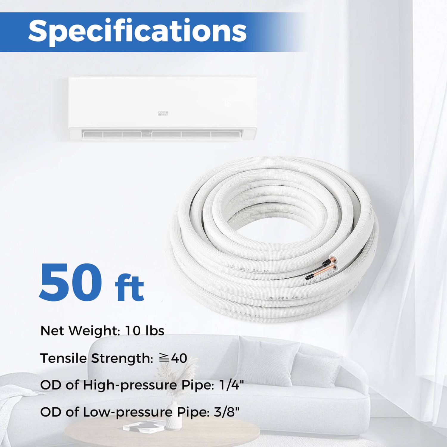 Costway 50 FT Air Conditioning Copper Tubing Hose Extension for Mini Split AC Includes 1/4 inch & 3/8 inch O.D. pipes