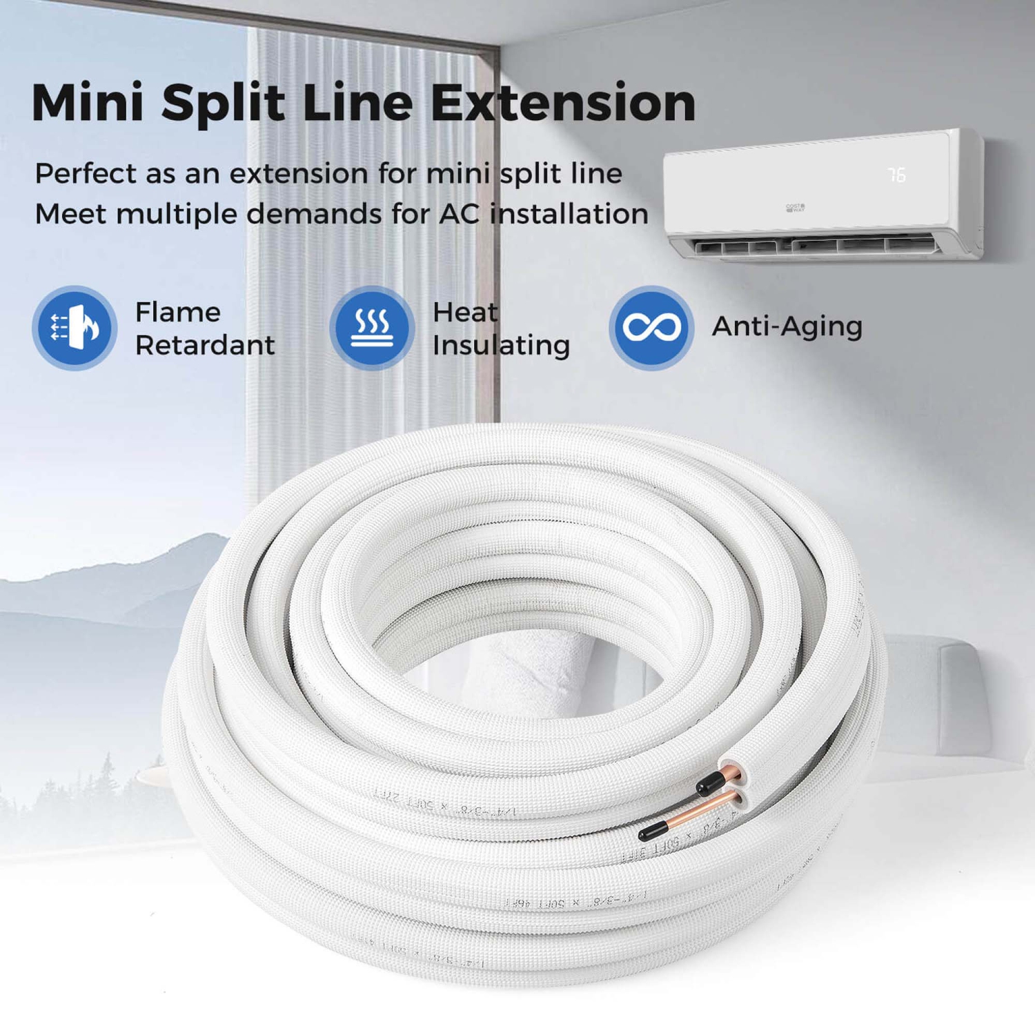 Costway 50 FT Air Conditioning Copper Tubing Hose Extension for Mini Split AC Includes 1/4 inch & 3/8 inch O.D. pipes