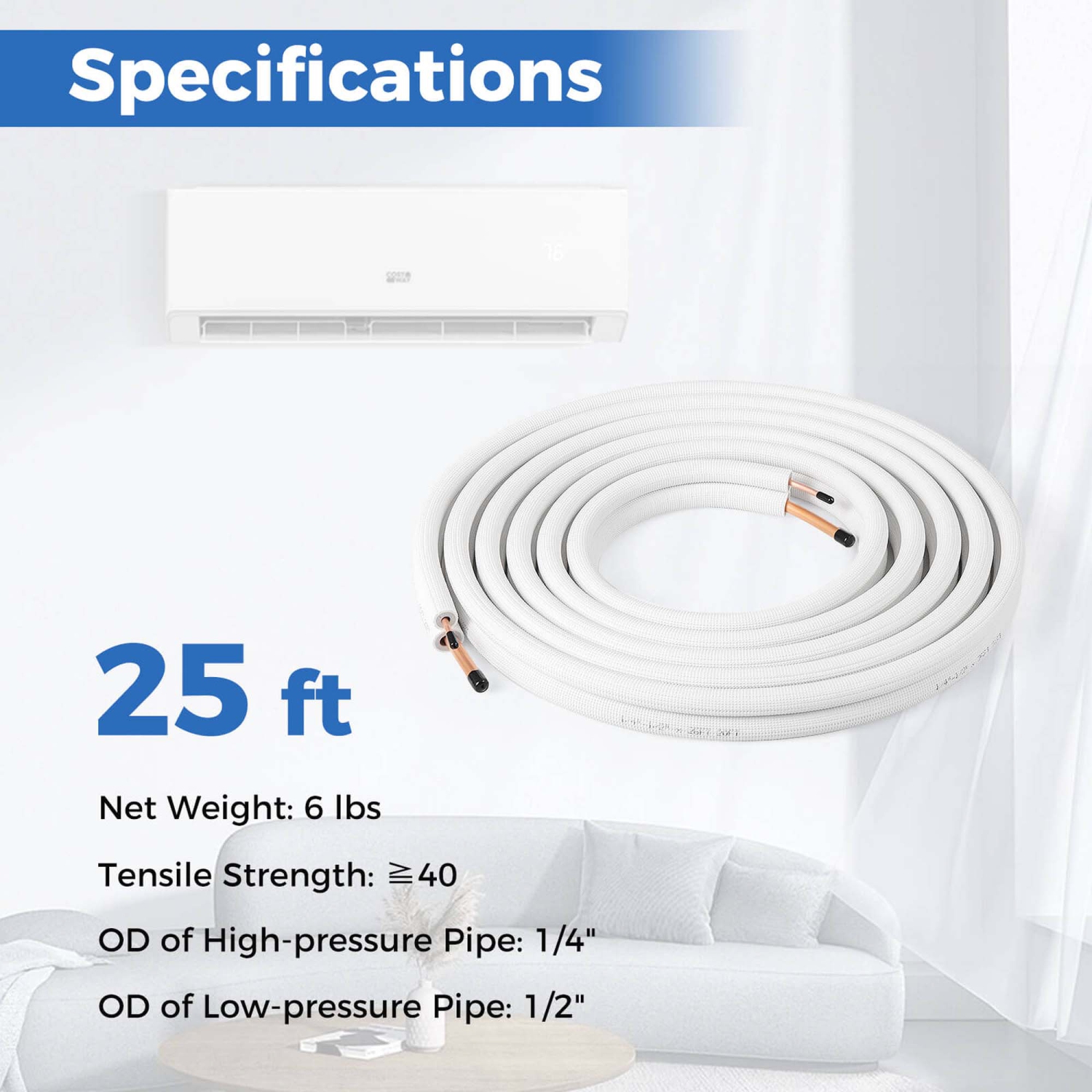 Costway 25 FT Air Conditioning Copper Tubing Hose Extension for Mini Split AC Includes 1/4 inch & 1/2 inch O.D. pipes