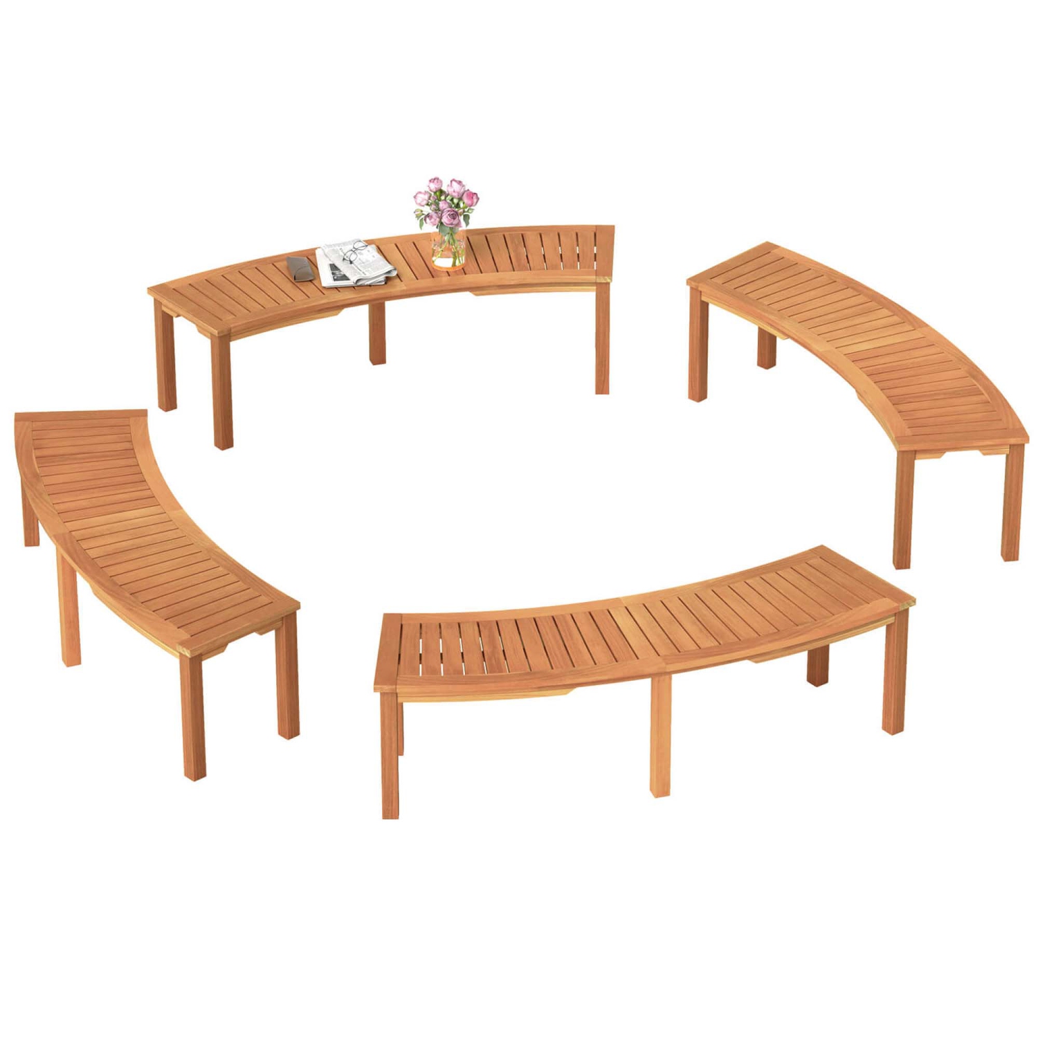 Costway 4 PCS Outdoor Curved Bench with Slatted Seat Solid Acacia Wood for Yard