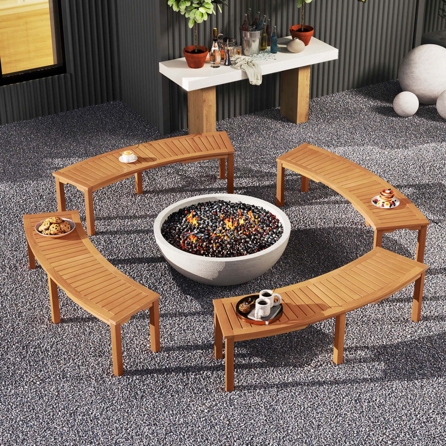 Costway 4 PCS Outdoor Curved Bench with Slatted Seat Solid Acacia Wood for Yard