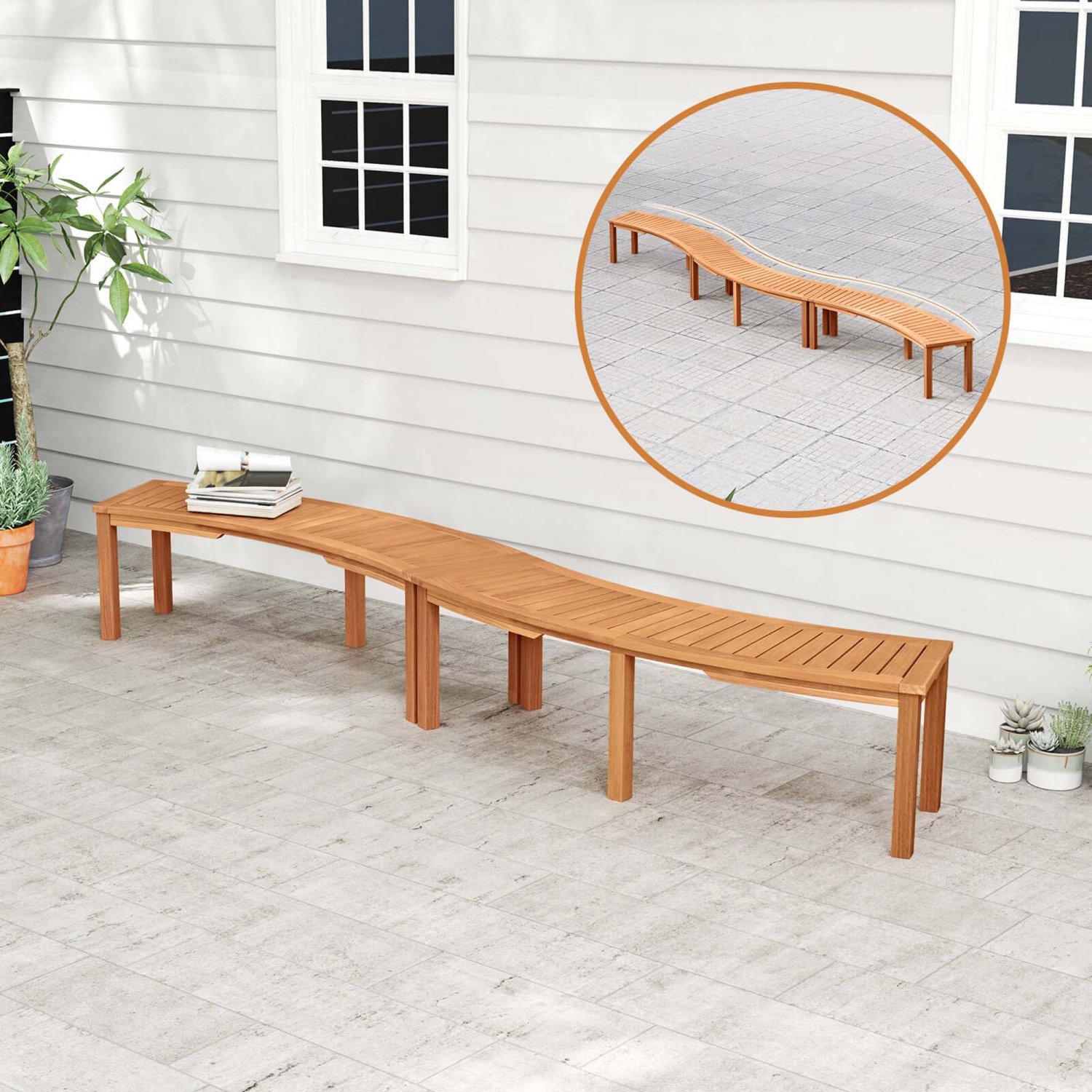 Costway 4 PCS Outdoor Curved Bench with Slatted Seat Solid Acacia Wood for Yard