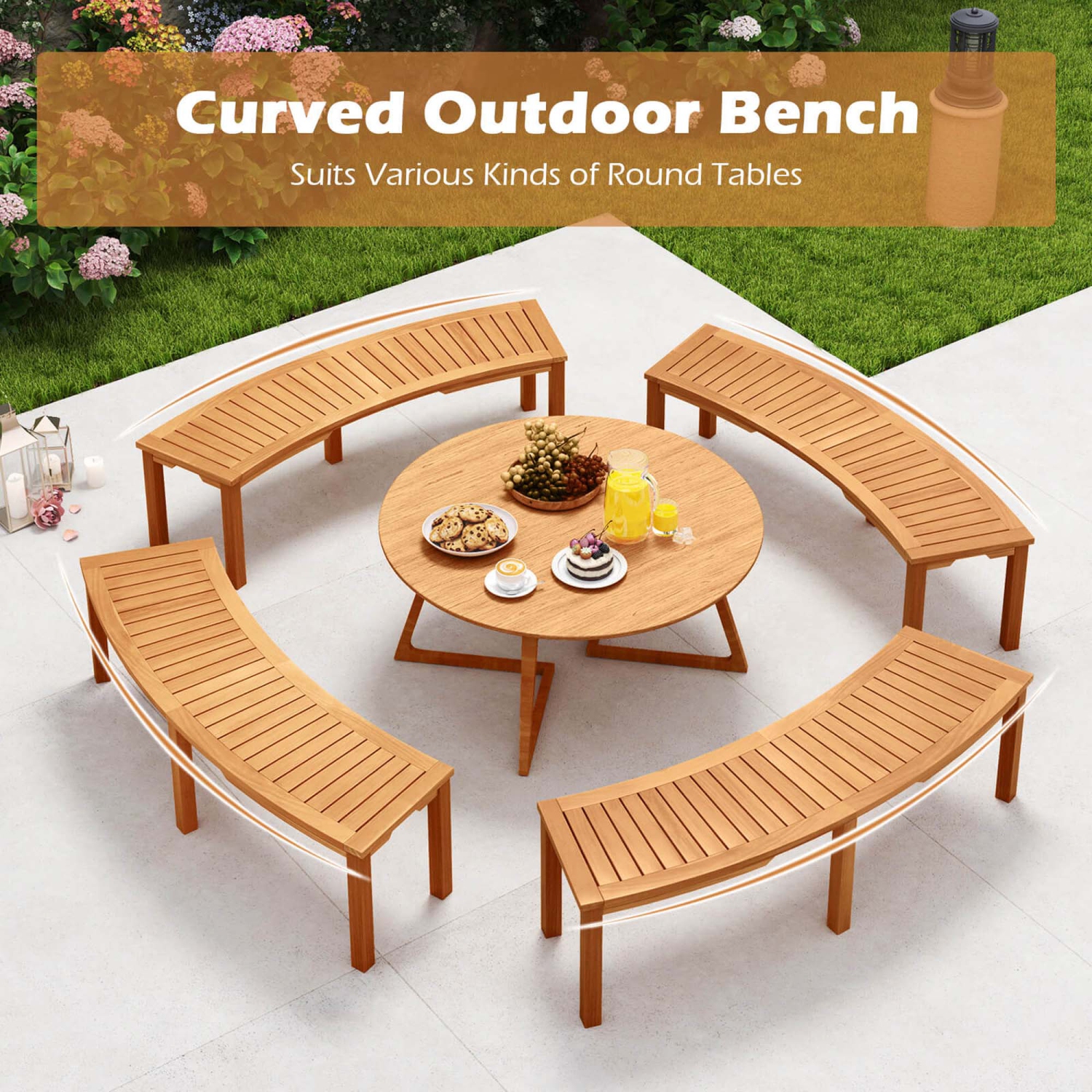 Costway 4 PCS Outdoor Curved Bench with Slatted Seat Solid Acacia Wood for Yard