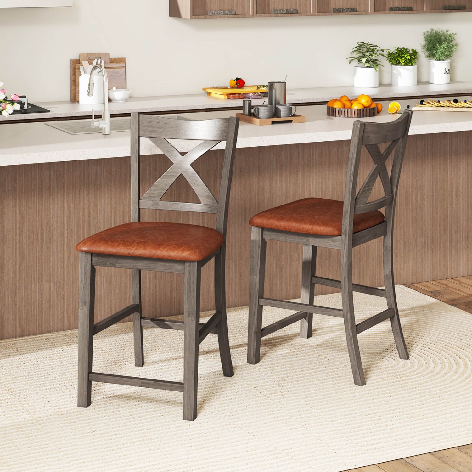 Costway 4 PCS 24" Counter Height Stools Bar Stools with Faux Leather Upholstered Seat