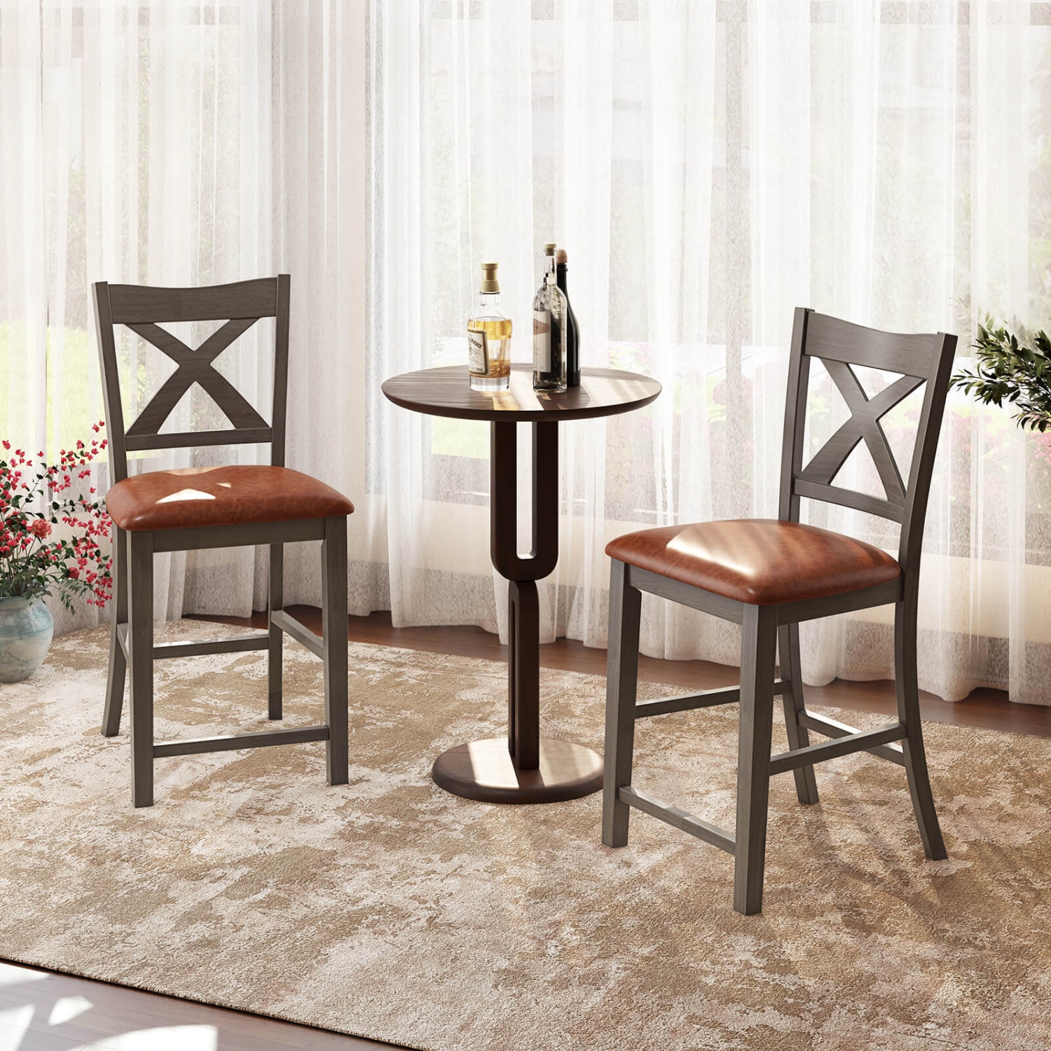 Costway 2 PCS 24" Counter Height Stools Bar Stools with Faux Leather Upholstered Seat