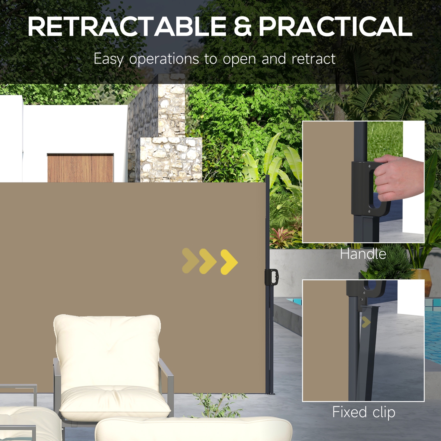 Outsunny 13' x 5' Retractable Side Awning, Garden Privacy Screen Divider, Full Cassette Windbreaker for Hot Tub, Balcony, Terrace, Pool, Khaki