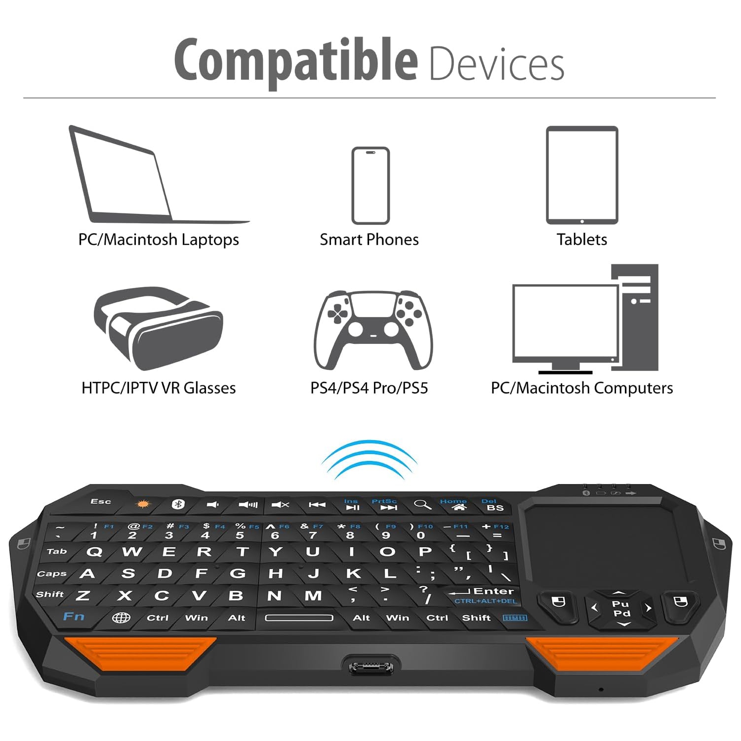 Mini Bluetooth Keyboard, Wireless Portable Lightweight with Built-In Touchpad, Compatible with Apple TV, PS4, HTPC/IPTVVR Glasses, Smartphones and