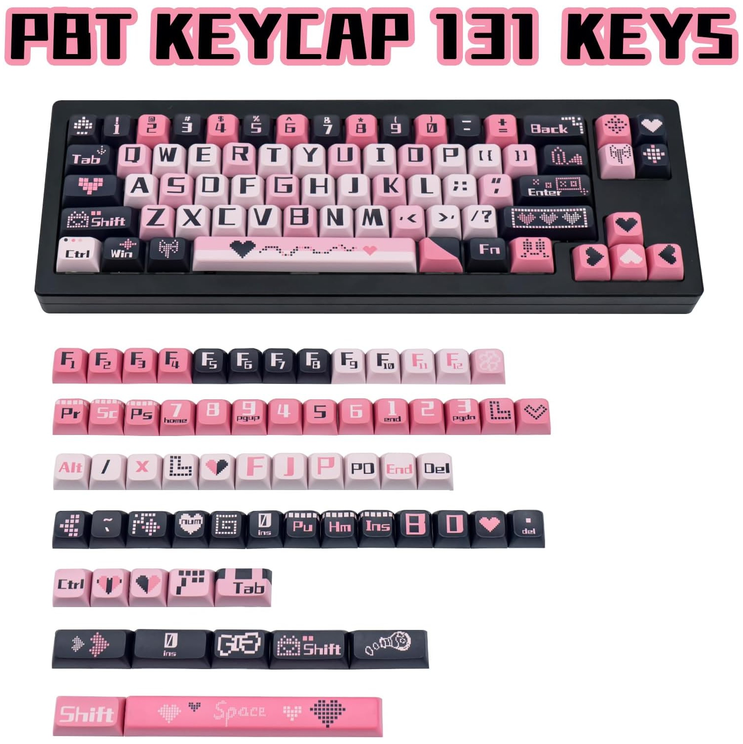 PBT Cute Keycaps 131 Keys, Black and Pink Keycaps Dye Sublimation Sweetheart Keycaps XDA Profile Custom Keyboard Keycaps for Cherry Gateron MX