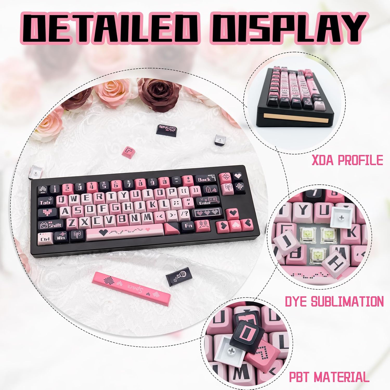 PBT Cute Keycaps 131 Keys, Black and Pink Keycaps Dye Sublimation Sweetheart Keycaps XDA Profile Custom Keyboard Keycaps for Cherry Gateron MX