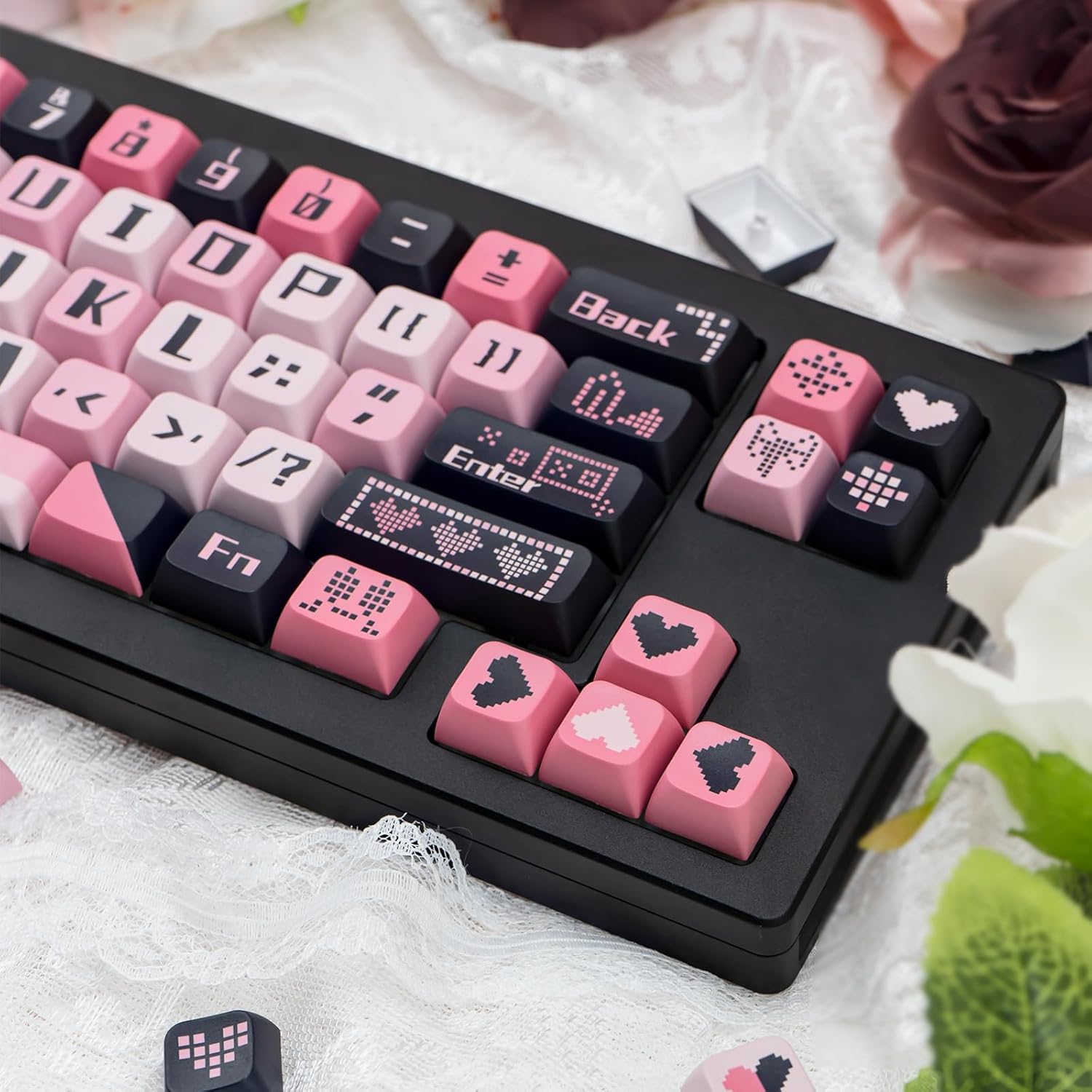 PBT Cute Keycaps 131 Keys, Black and Pink Keycaps Dye Sublimation Sweetheart Keycaps XDA Profile Custom Keyboard Keycaps for Cherry Gateron MX
