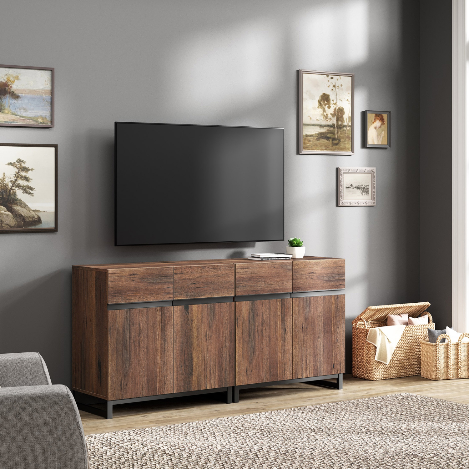 WAMPAT Modern TV Stand for TVs up to 70 inch, 2 in 1 Entertainment Center TV Console with Storage Cabinets Media Console for Living Room,Bedroom,Brown