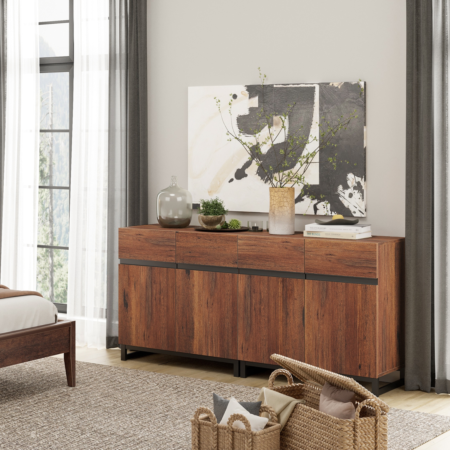 WAMPAT Modern TV Stand for TVs up to 70 inch, 2 in 1 Entertainment Center TV Console with Storage Cabinets Media Console for Living Room,Bedroom,Brown