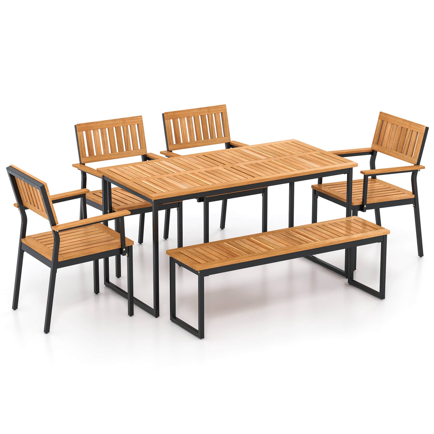 Ensemble de salle à manger extérieur en bois d'acacia 6 PCS de Costway avec banc, trou pour parasol de 2&nbsp;po pour 6-7&nbsp;personnes