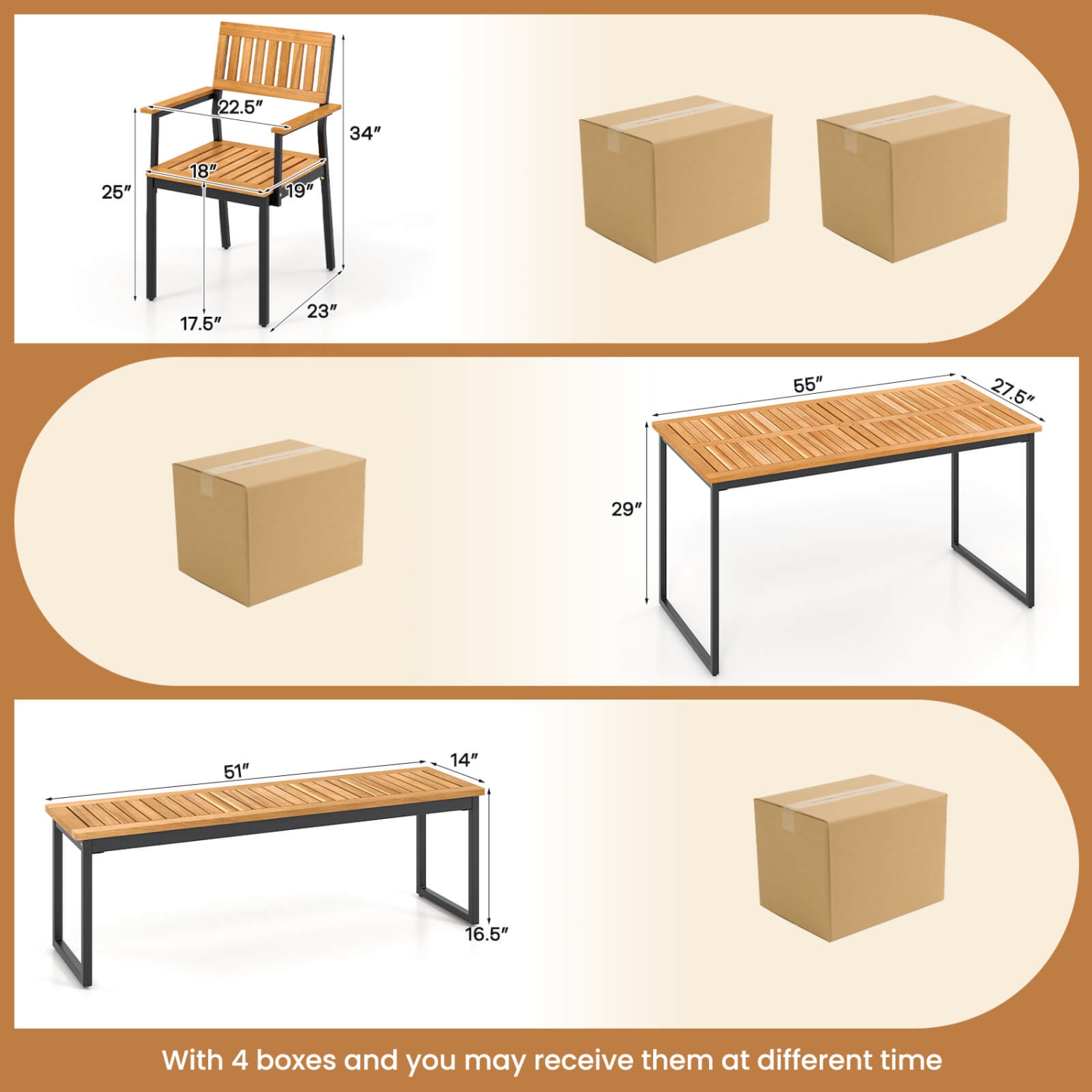 Ensemble de salle à manger extérieur en bois d'acacia 6 PCS de Costway avec banc, trou pour parasol de 2&nbsp;po pour 6-7&nbsp;personnes