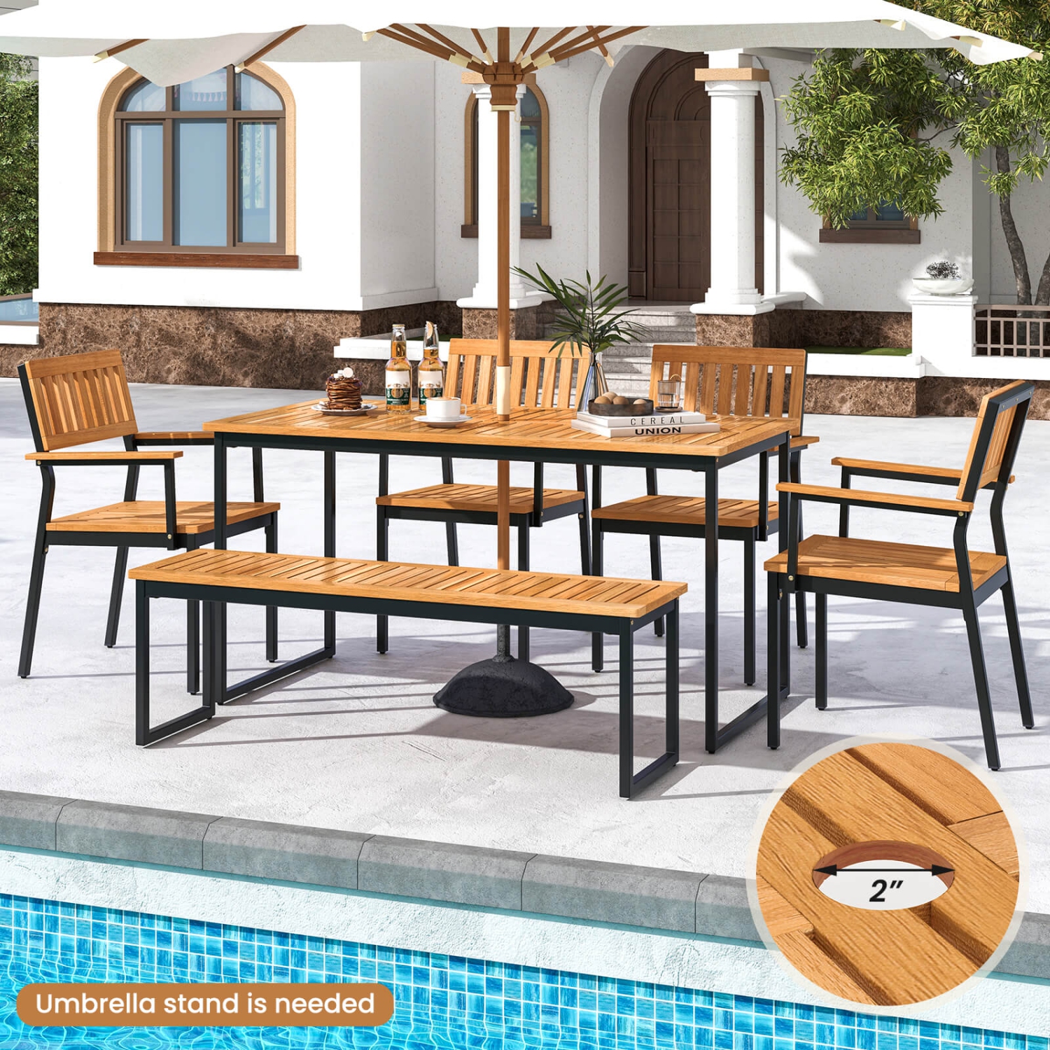 Ensemble de salle à manger extérieur en bois d'acacia 6 PCS de Costway avec banc, trou pour parasol de 2&nbsp;po pour 6-7&nbsp;personnes