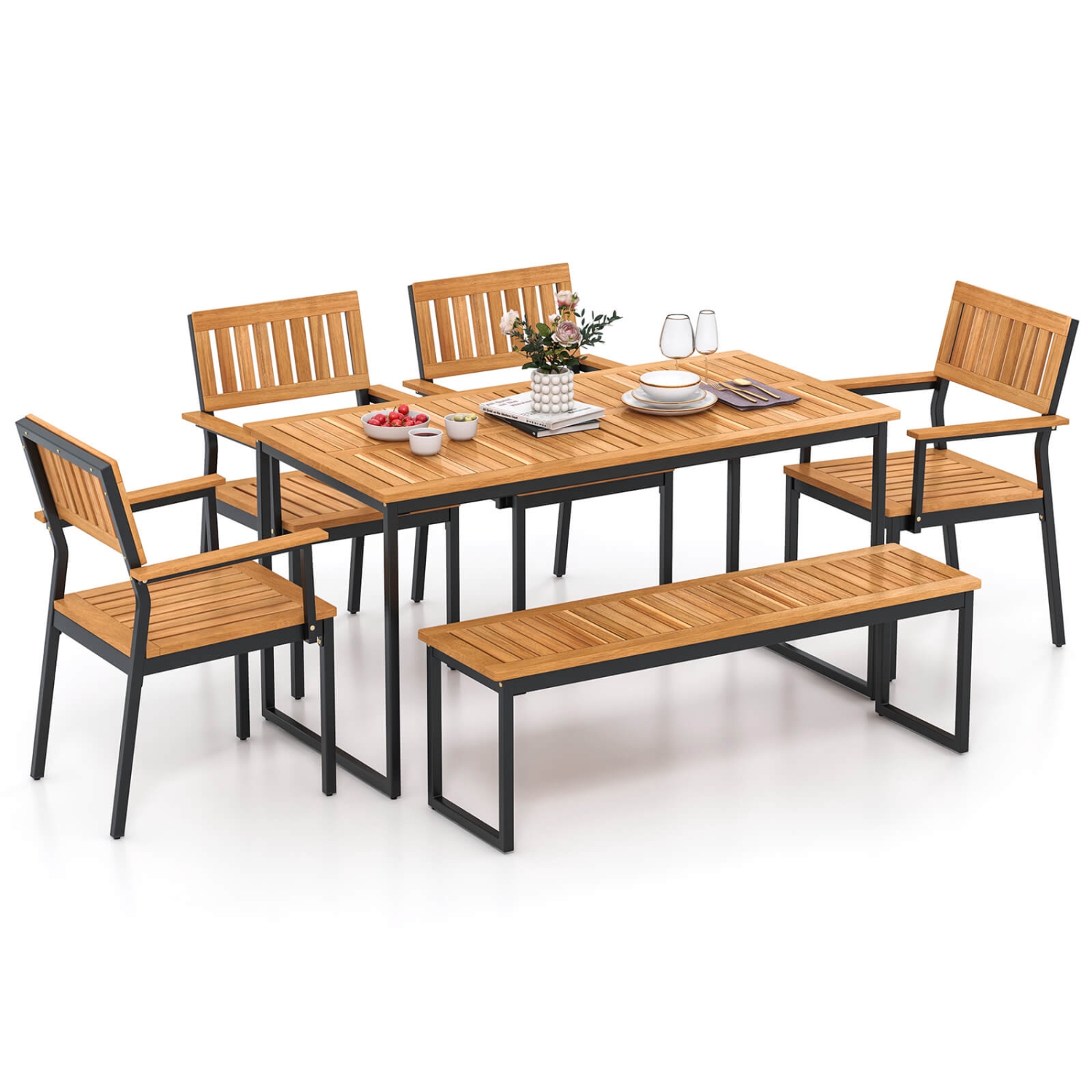 Ensemble de salle à manger extérieur en bois d'acacia 6 PCS de Costway avec banc, trou pour parasol de 2&nbsp;po pour 6-7&nbsp;personnes