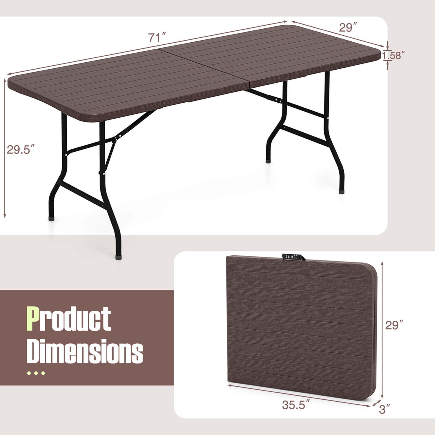 Costway 6 ft Portable Folding Table with Wood Grain HDPE Tabletop Safe Lock Mechanism