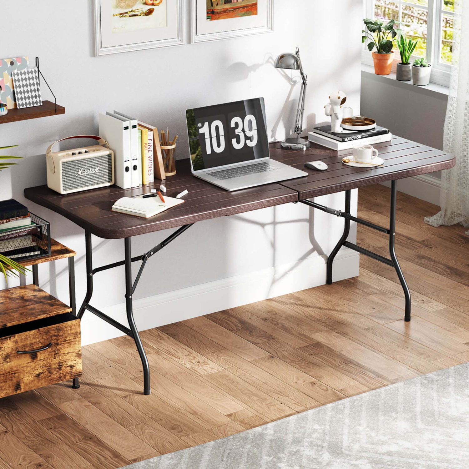 Costway 6 ft Portable Folding Table with Wood Grain HDPE Tabletop Safe Lock Mechanism