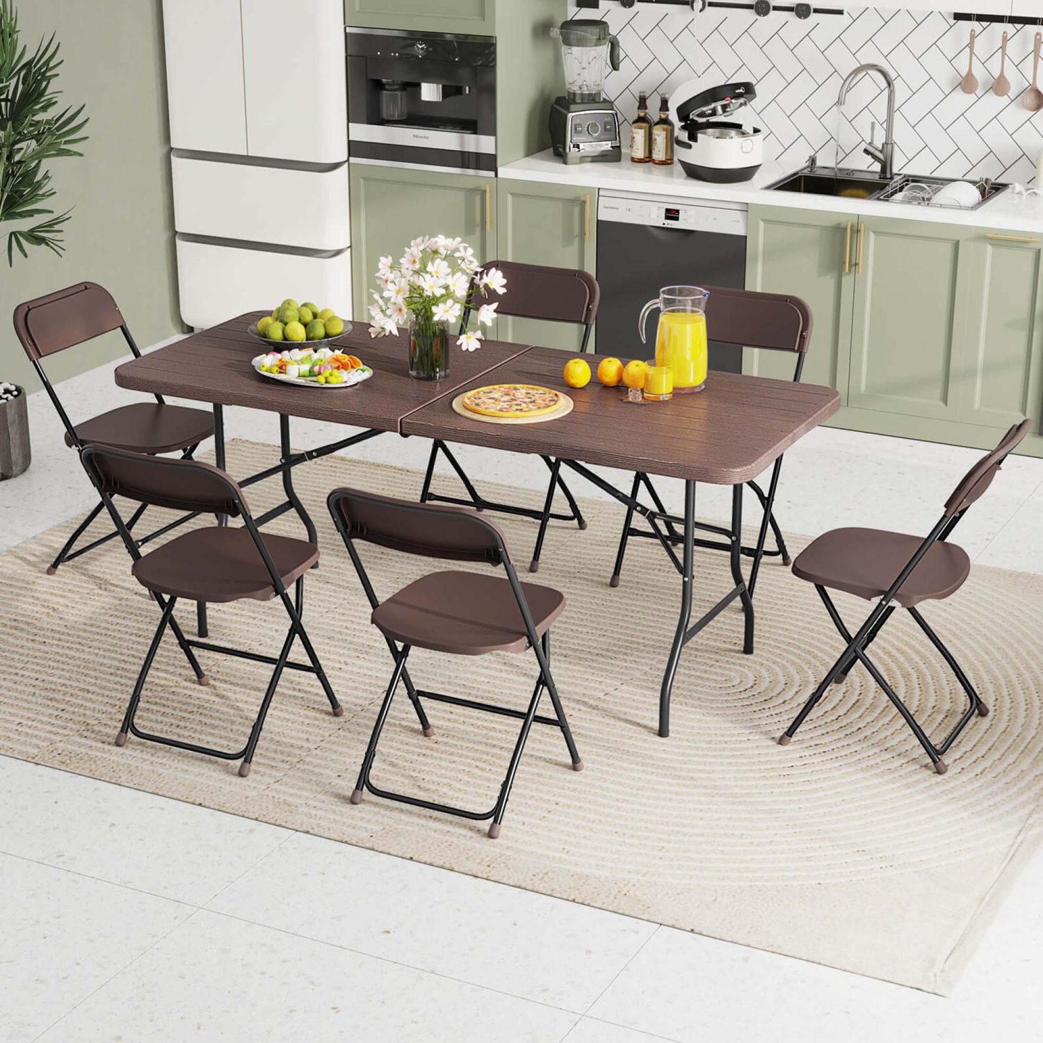 Costway 6 ft Portable Folding Table with Wood Grain HDPE Tabletop Safe Lock Mechanism