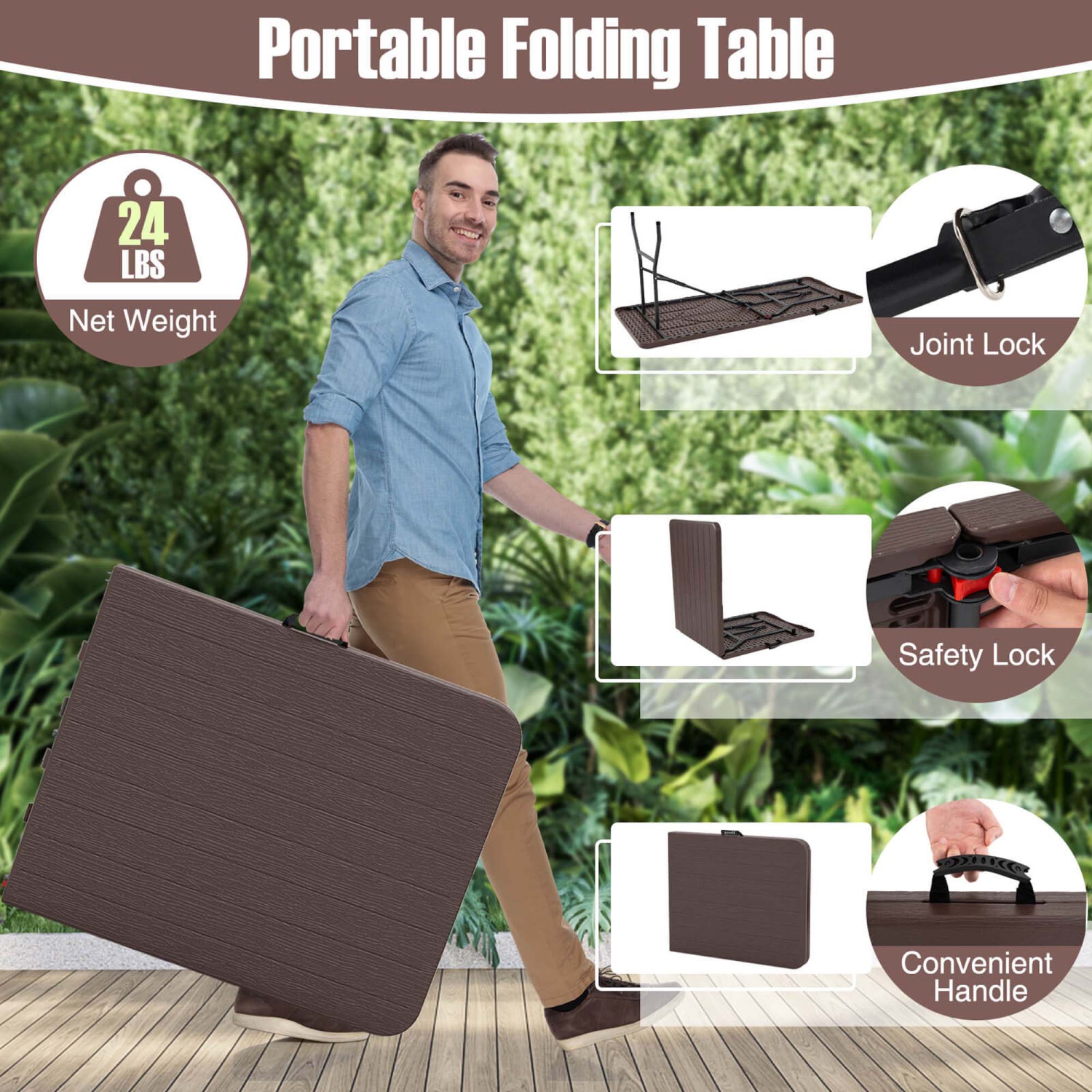 Costway 6 ft Portable Folding Table with Wood Grain HDPE Tabletop Safe Lock Mechanism