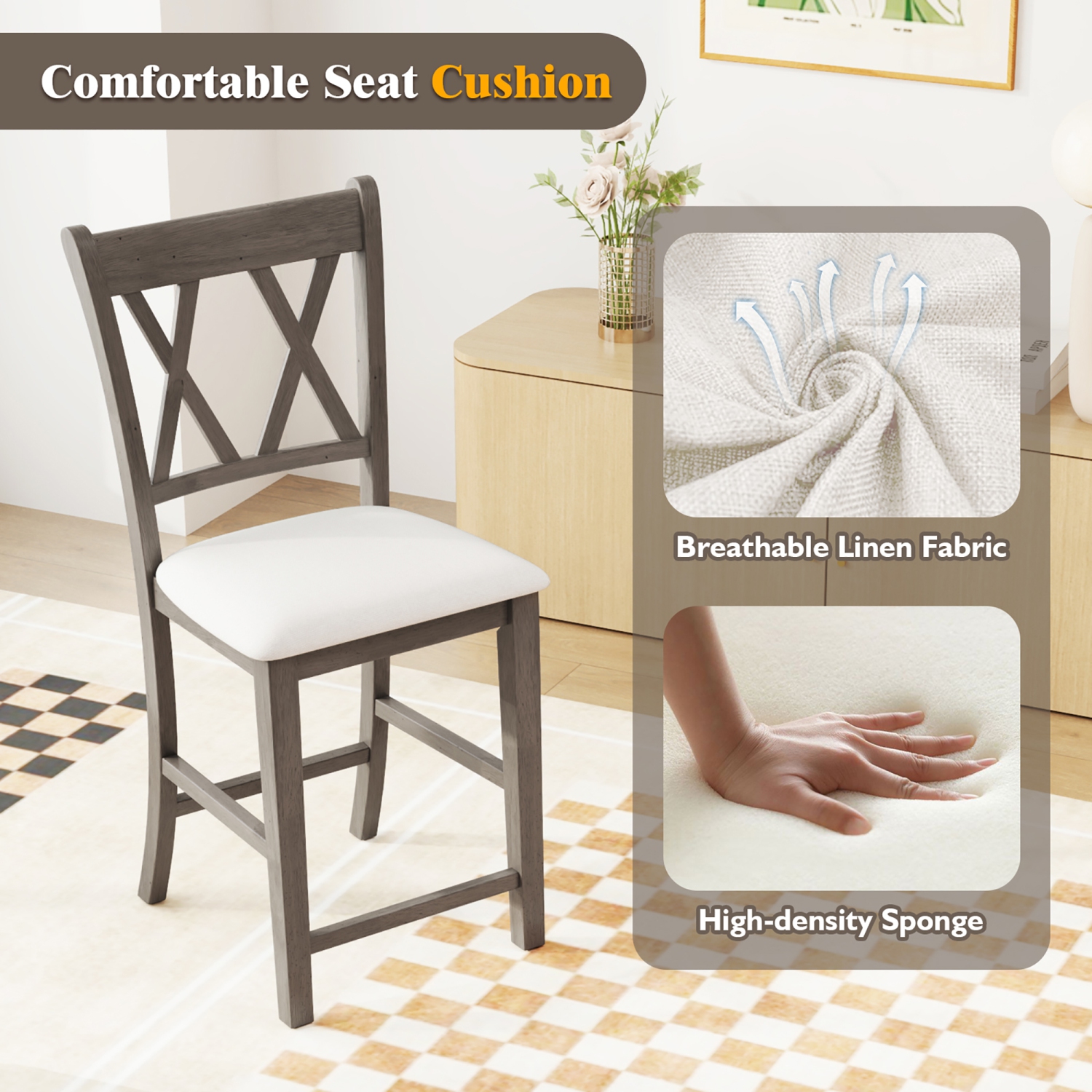 Gymax 2PCS Bar Stools 24''Counter Height Stools w/ Linen Fabric Upholstered Seat Gray