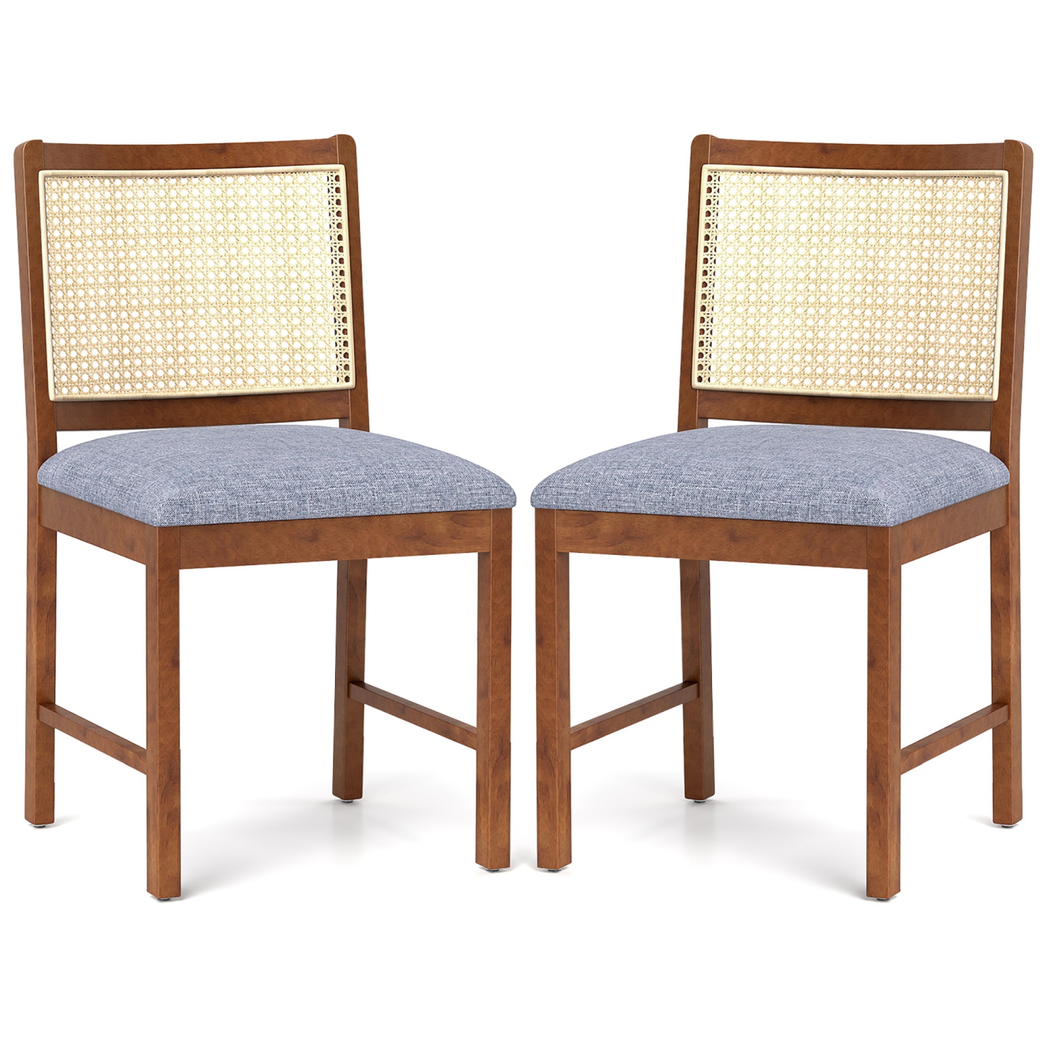 Gymax Rattan Dining Chair Set of 2 w/ Rubber Wood Frame Linen Fabric Padded Seat