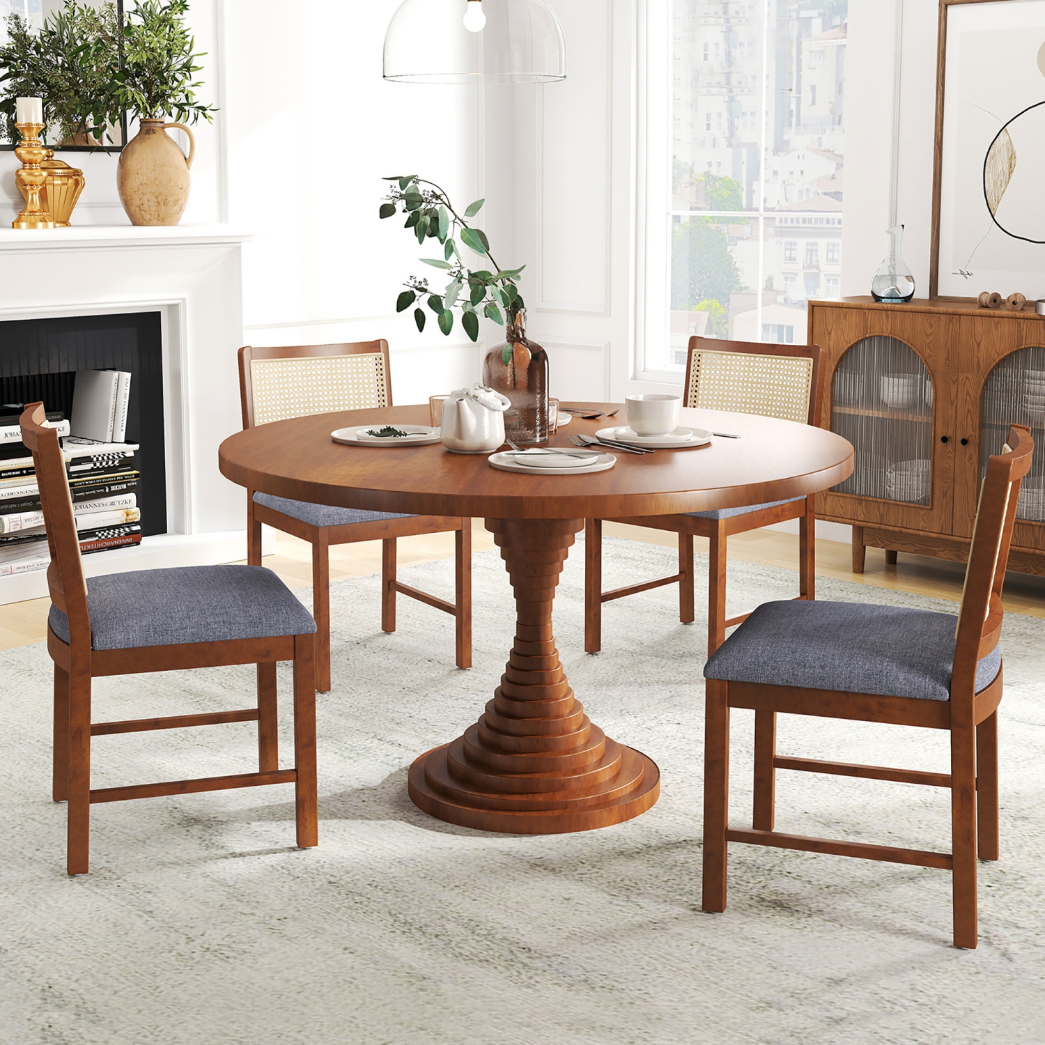 Gymax Rattan Dining Chair Set of 2 w/ Rubber Wood Frame Linen Fabric Padded Seat