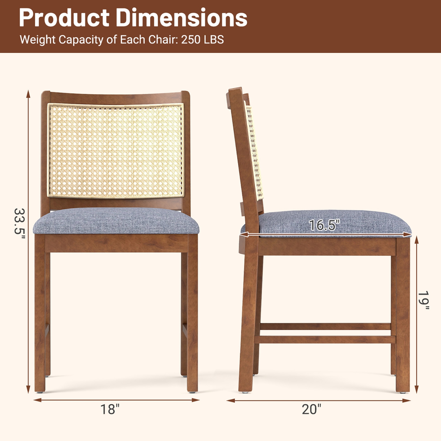 Gymax Rattan Dining Chair Set of 2 w/ Rubber Wood Frame Linen Fabric Padded Seat