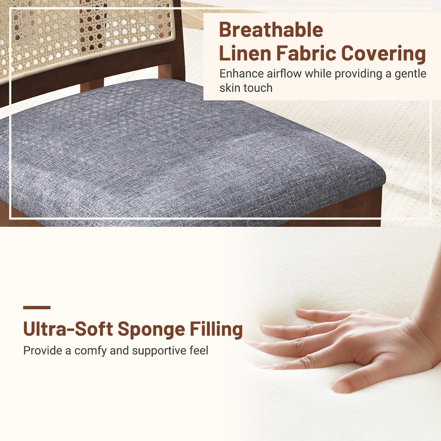 Gymax Rattan Dining Chair Set of 2 w/ Rubber Wood Frame Linen Fabric Padded Seat