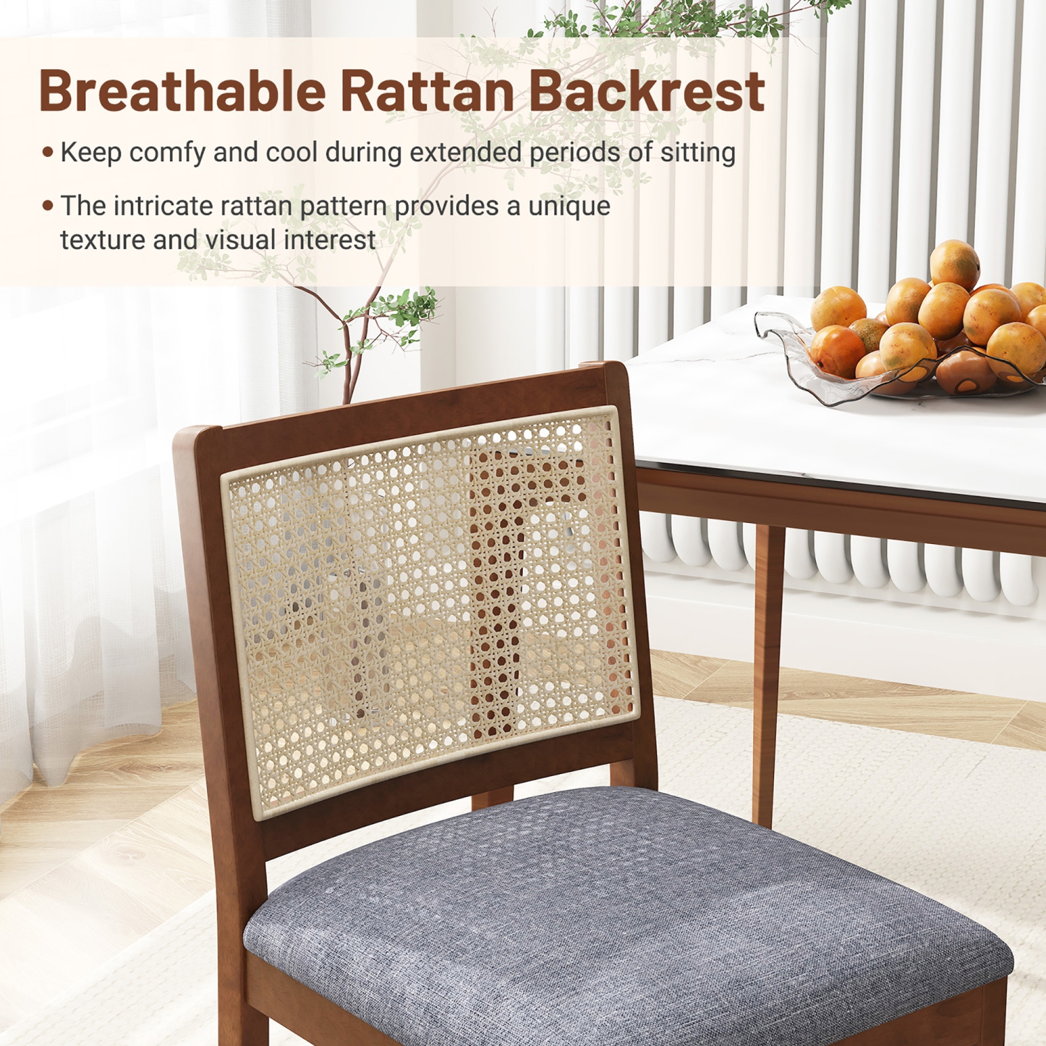 Gymax Rattan Dining Chair Set of 2 w/ Rubber Wood Frame Linen Fabric Padded Seat