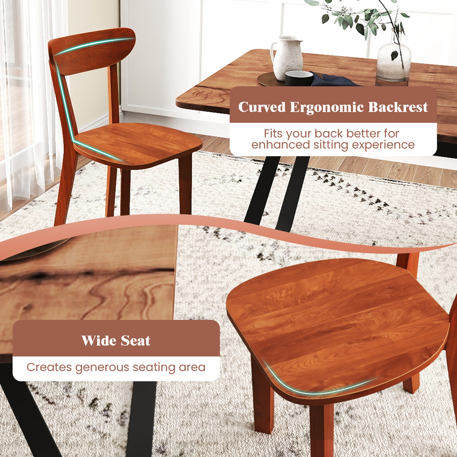 Gymax Solid Wood Dining Chair Set of 4 w/ Curved Backrest & Rubber Wood Frame