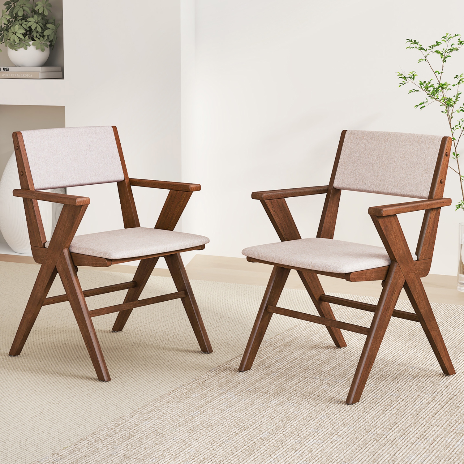 Gymax Wooden Dining Chair Set of 4 w/ Rubber Wood Frame Padded Seat & Back Armrests