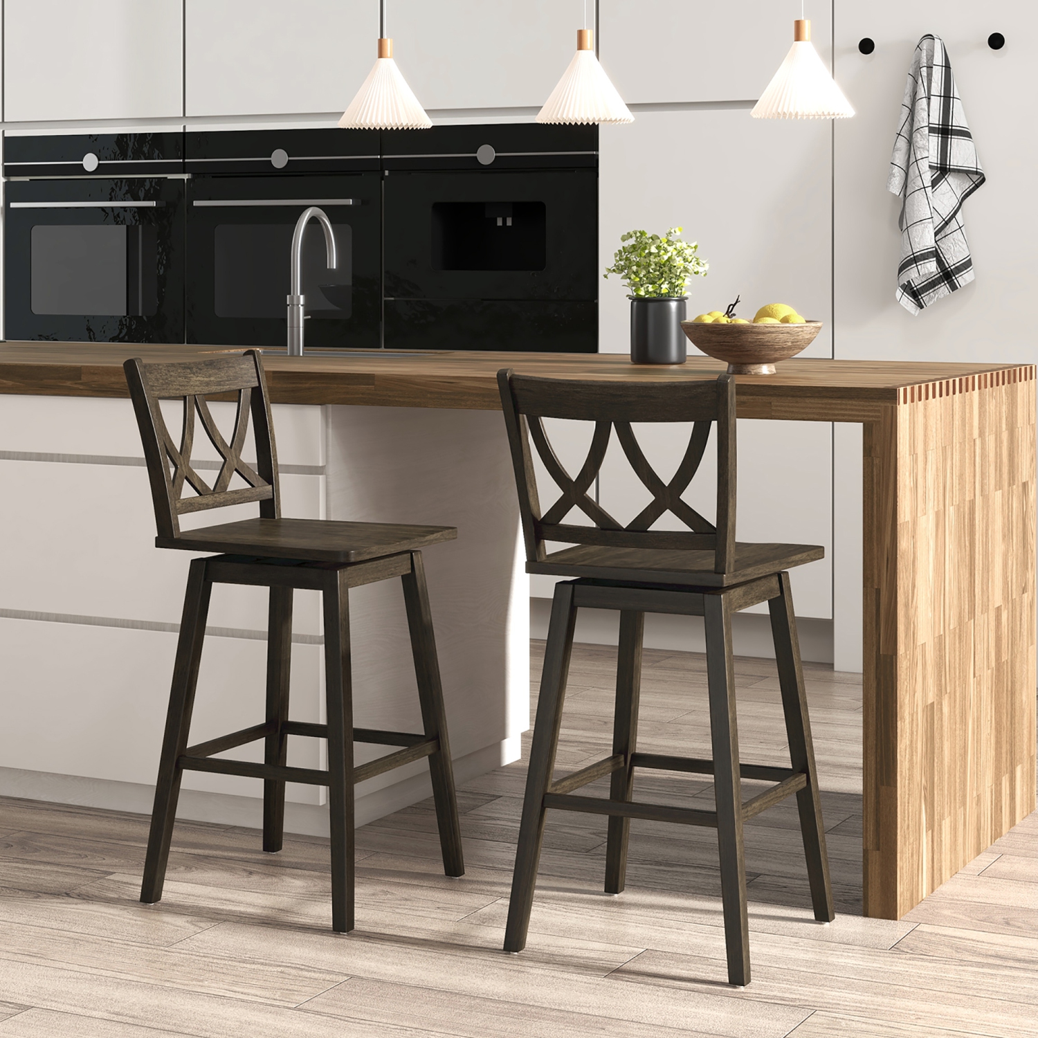 Gymax 29'' Bar Stool Set of 4 w/Rubber Wood Frame Swivel Seat Ergonomic Backrest