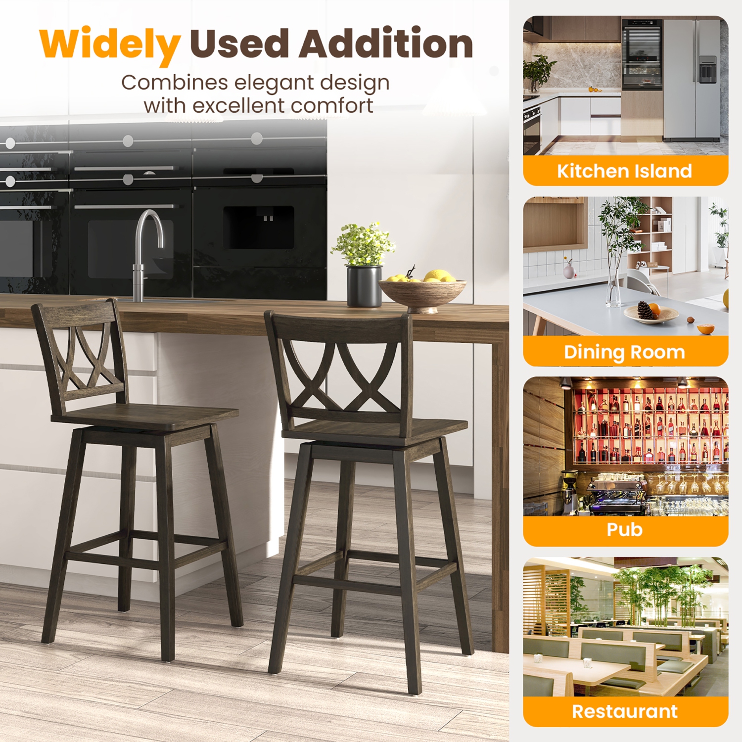 Gymax 29'' Bar Stool Set of 4 w/Rubber Wood Frame Swivel Seat Ergonomic Backrest