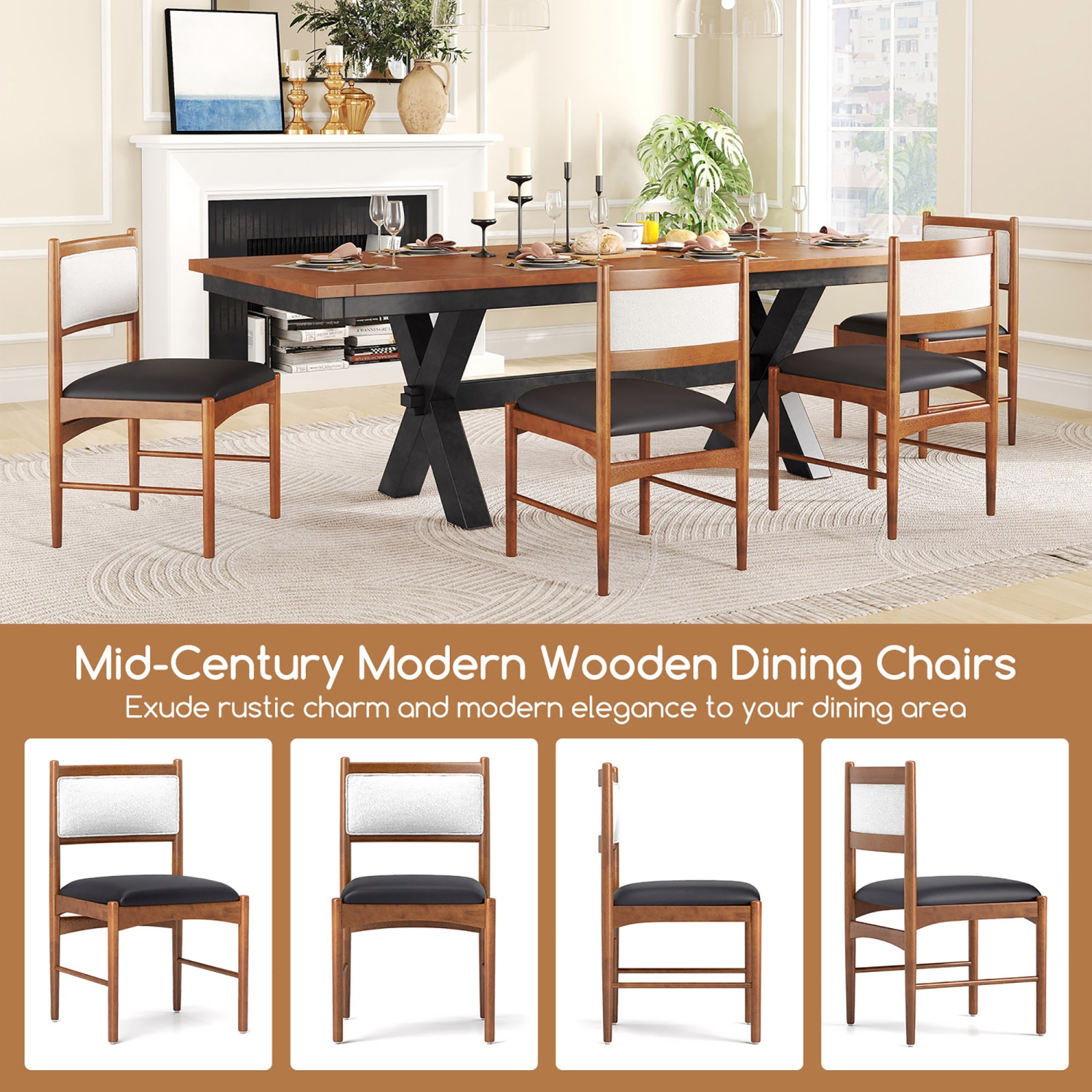 Gymax Wooden Dining Chair Set of 4 w/ Rubber Wood Frame Faux Leather Padded Seat