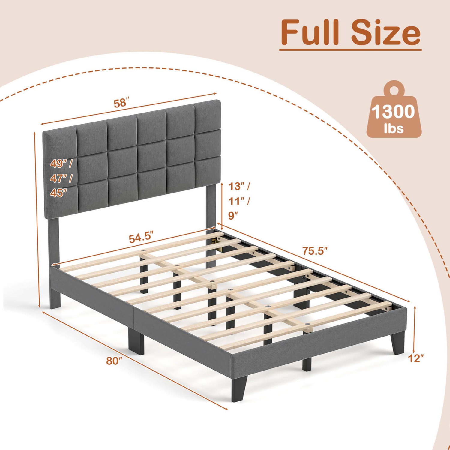 Costway Full Size Bed Frame Modern Linen Fabric Upholstered Platform Bed with Headboard