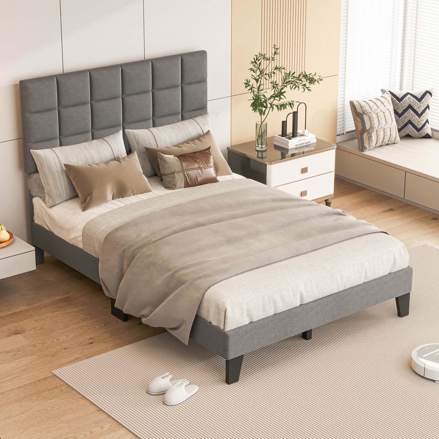Costway Full Size Bed Frame Modern Linen Fabric Upholstered Platform Bed with Headboard
