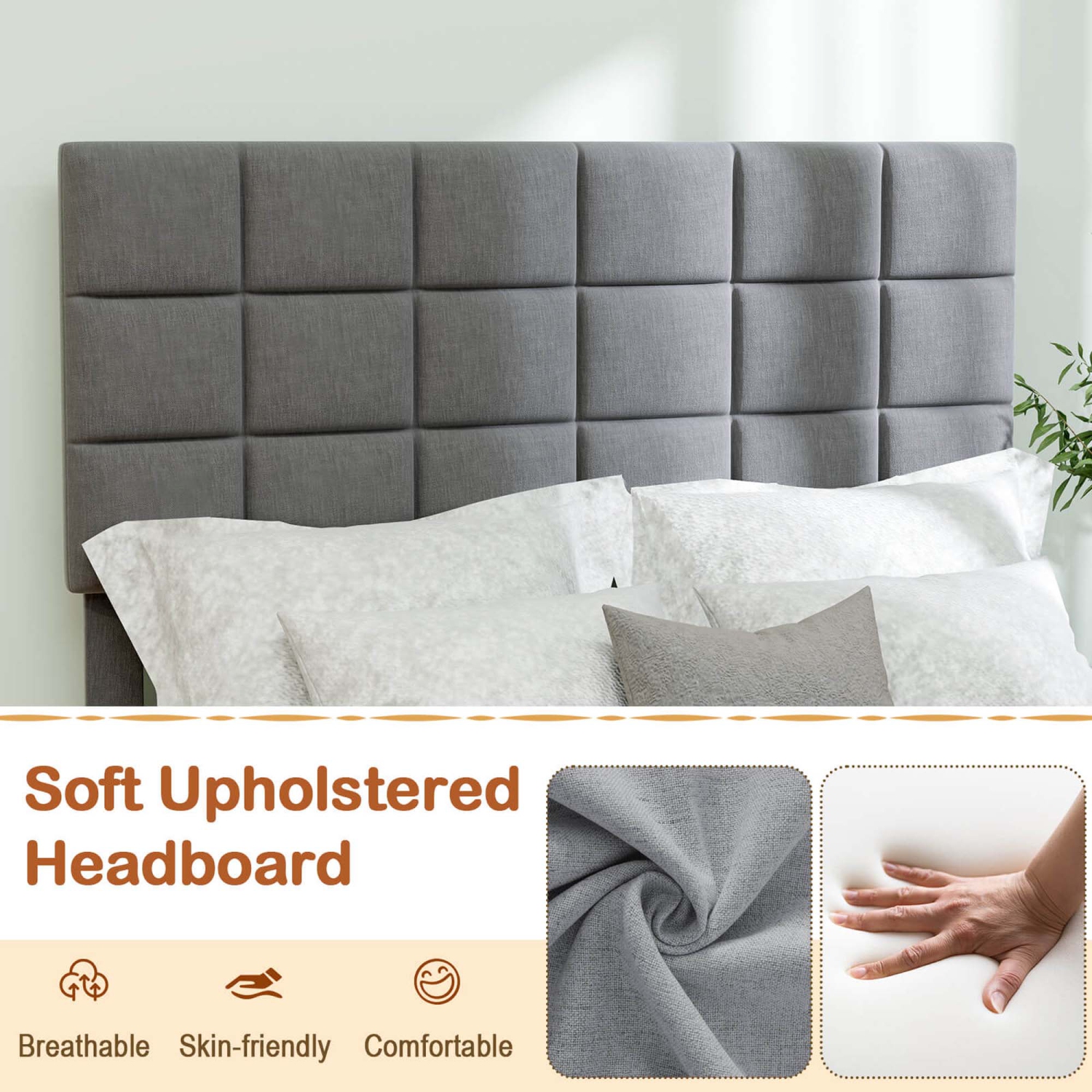 Costway Full Size Bed Frame Modern Linen Fabric Upholstered Platform Bed with Headboard