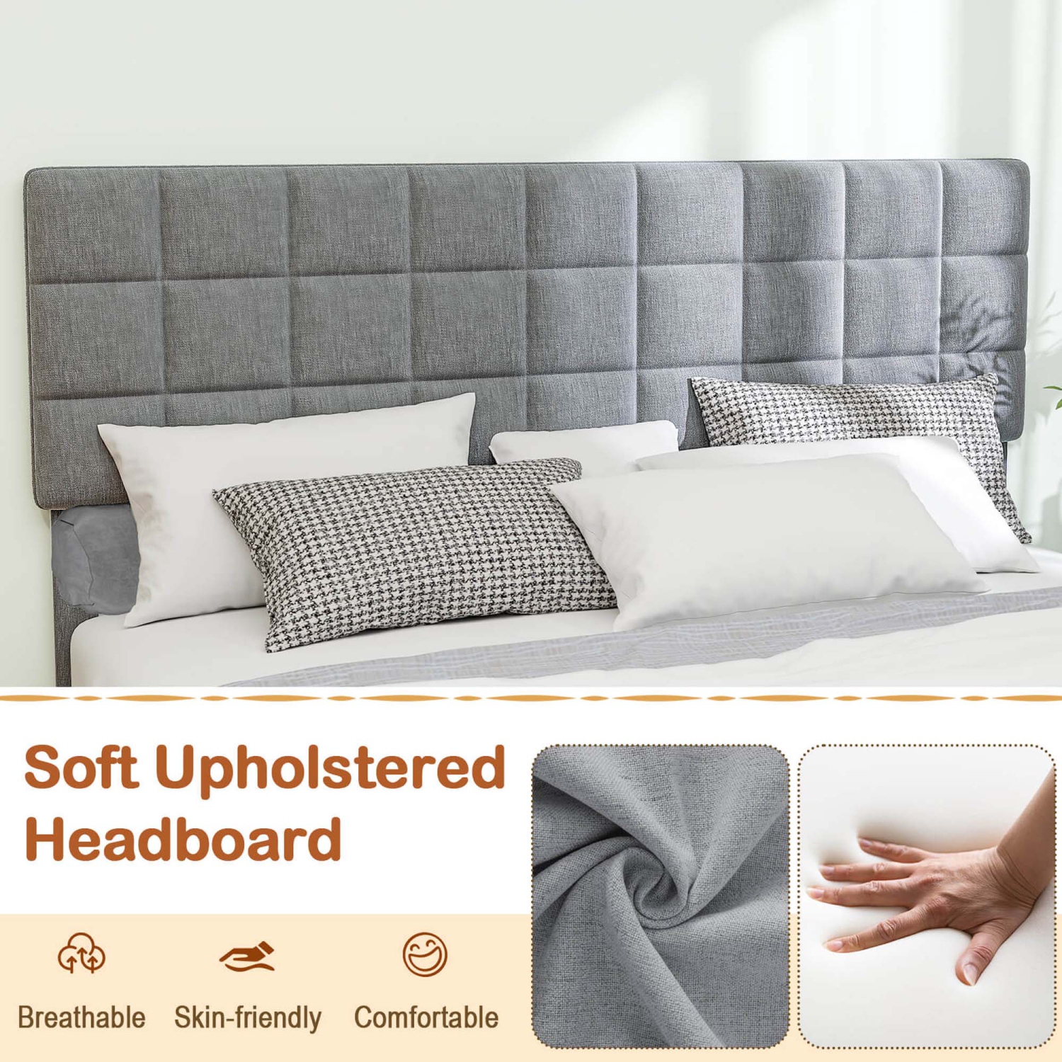 Cadre de très grand lit de Costway – Lit plateforme moderne recouvert de lin et tête de lit