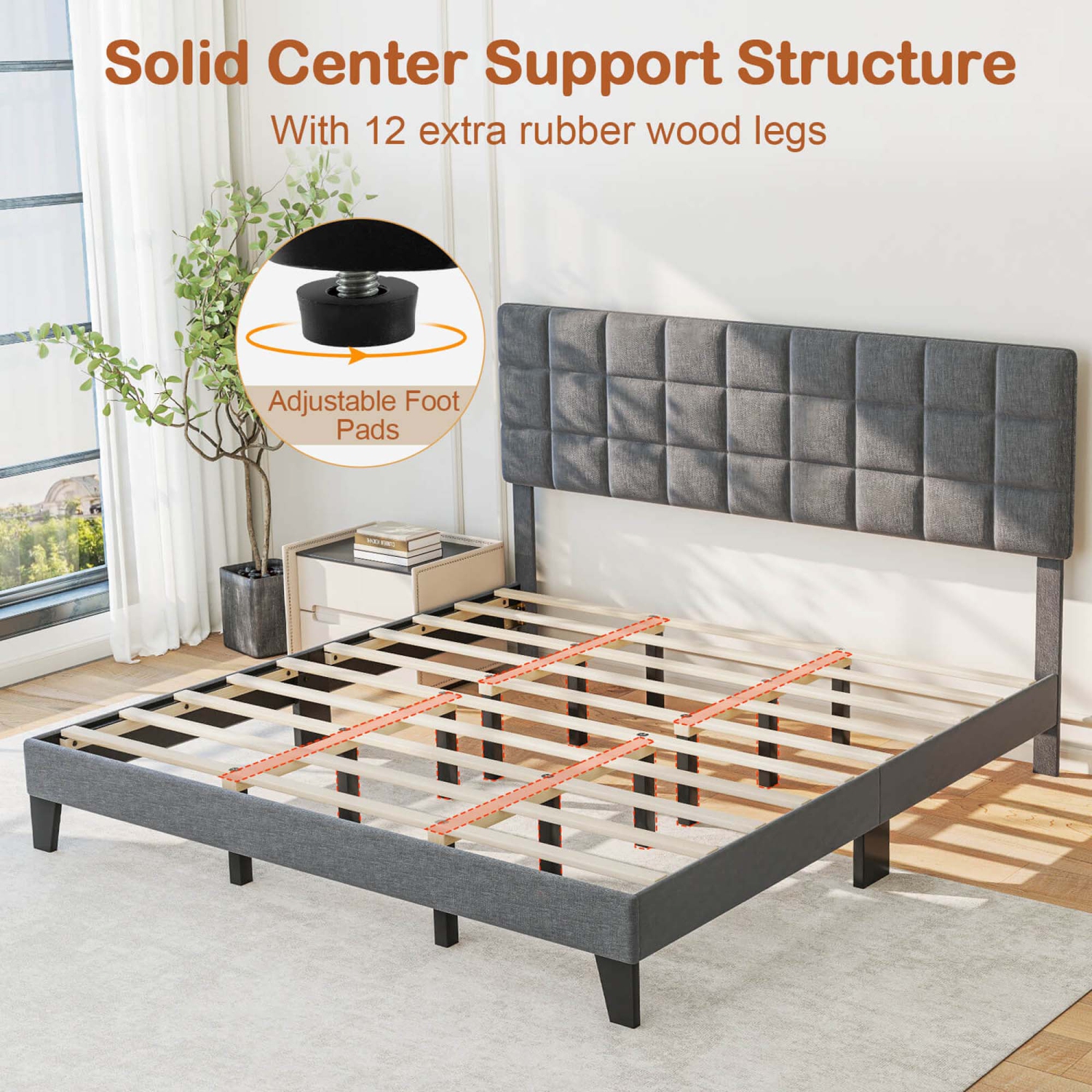 Cadre de très grand lit de Costway – Lit plateforme moderne recouvert de lin et tête de lit