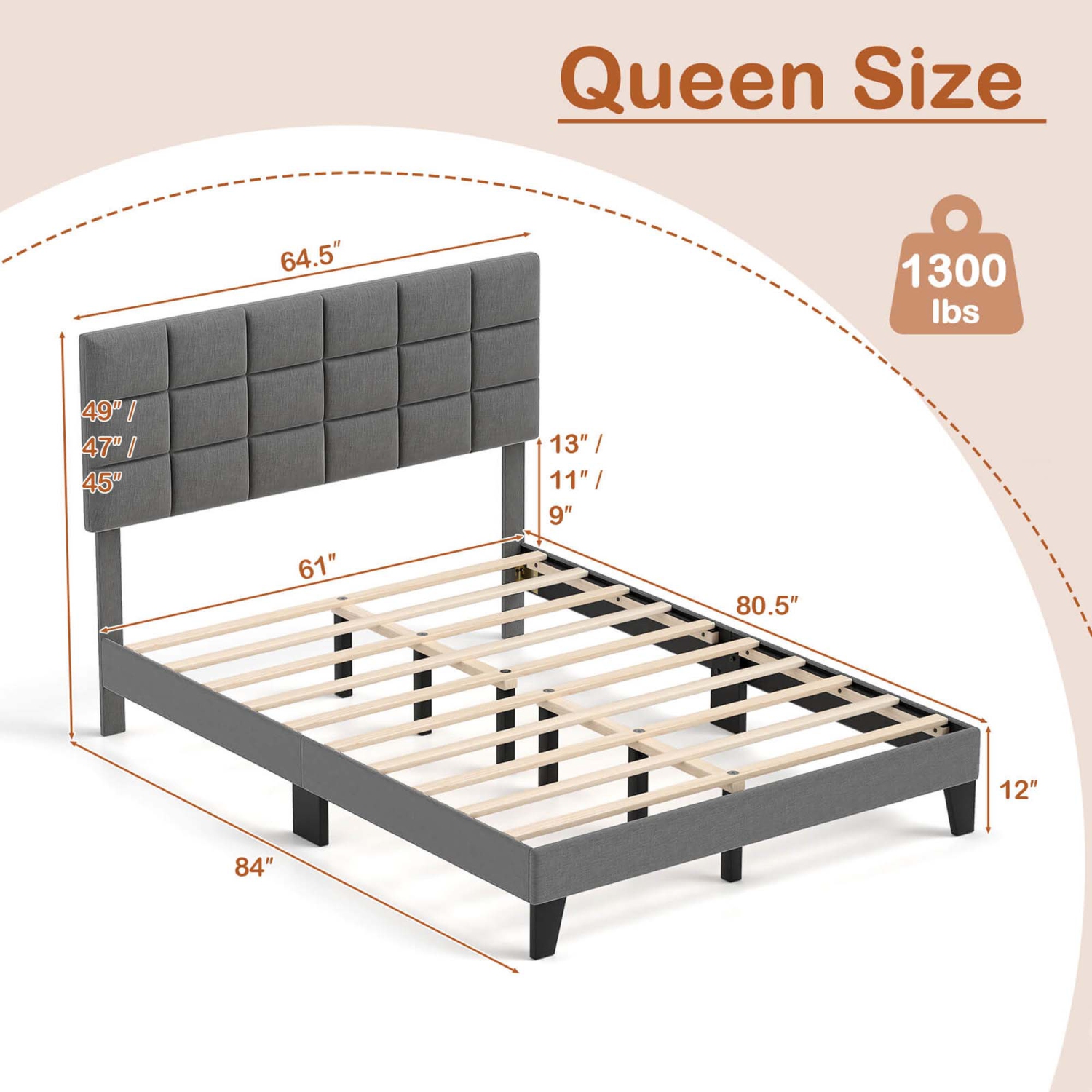 Costway Queen Size Bed Frame Modern Linen Fabric Upholstered Platform Bed with Headboard