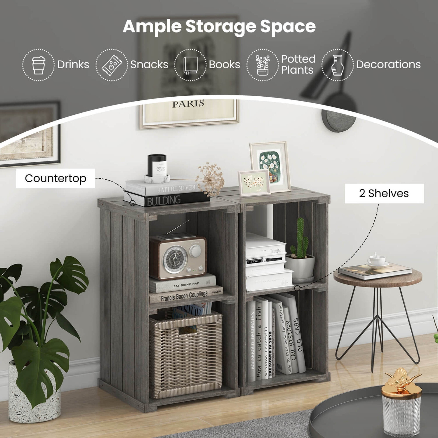 Costway 1 PCS 2-Cube Storage Shelf Slatted Paulownia Wood Cubic Organizer with Open Back Gray